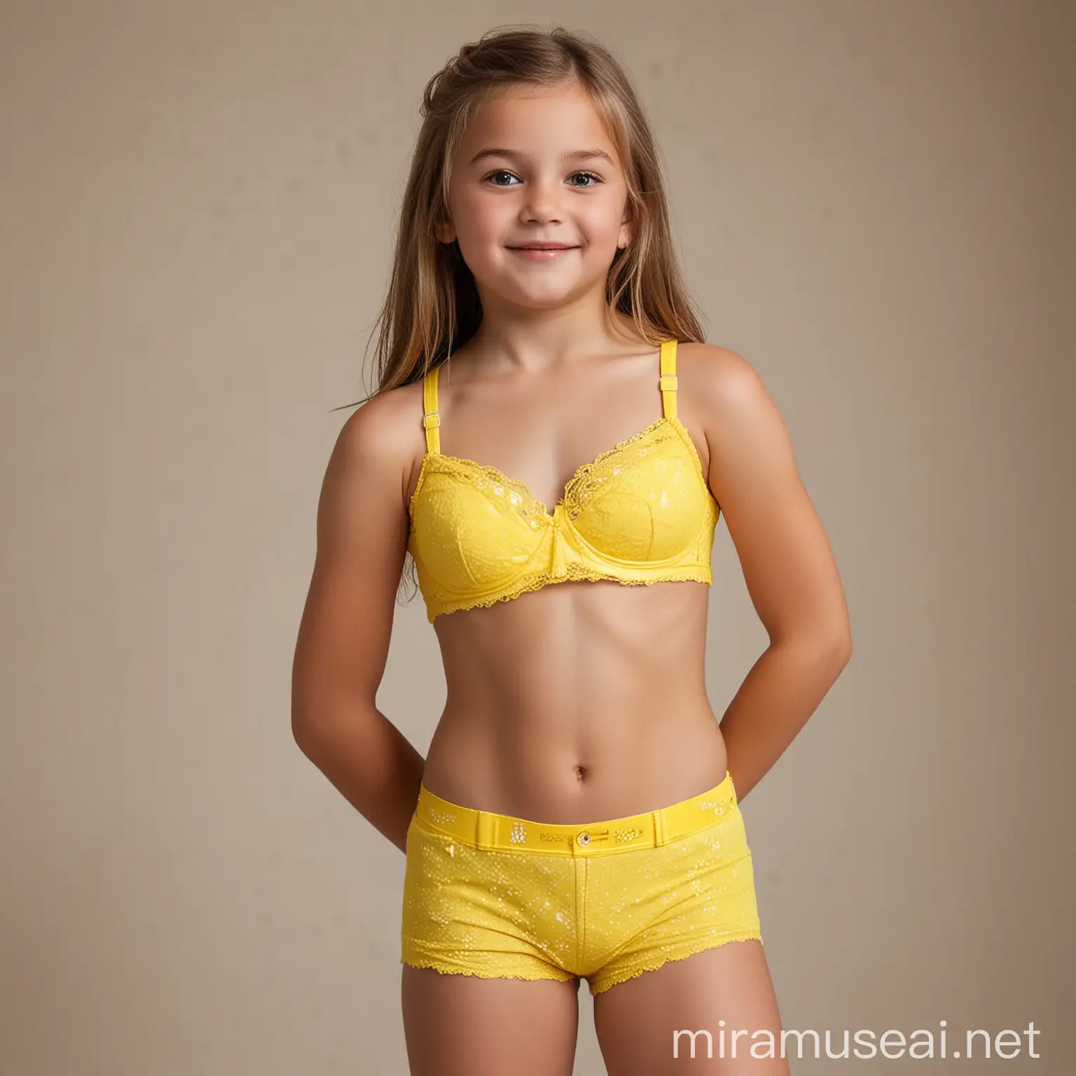 A beautiful 10-year-old girl in a yellow bra and very tight shorts
