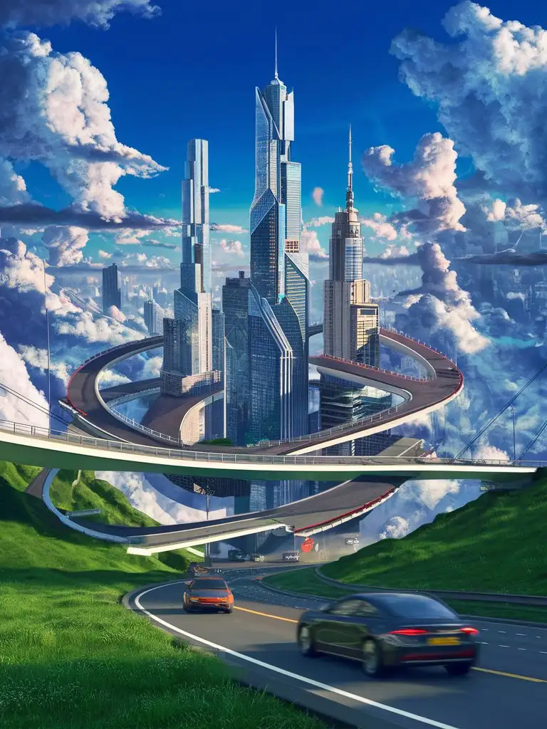 HighQuality-Masterpiece-3D-Cityscape-with-Skyscrapers-Car-and-Bridge-on-a-Grassy-Field-under-a-Clear-Blue-Sky