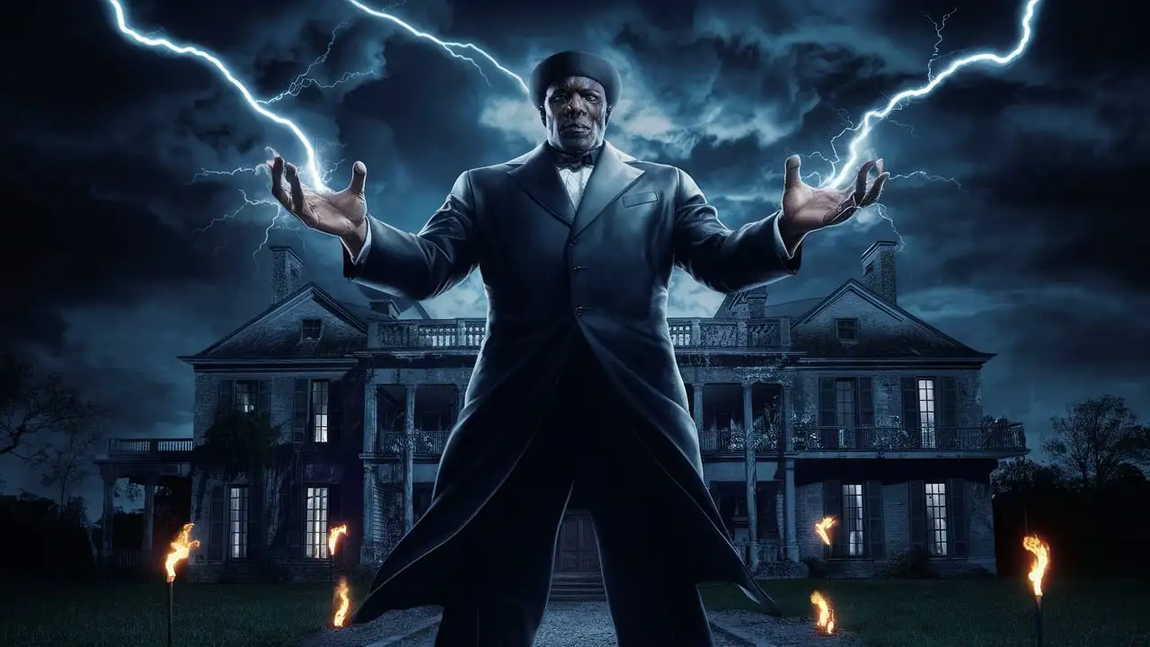 A shadowy criminal kingpin figure, a large black man with the essence of a voodoo priest wearing a nice black suite with lightning coming out of his hands outside a  Louisiana plantation house at night
