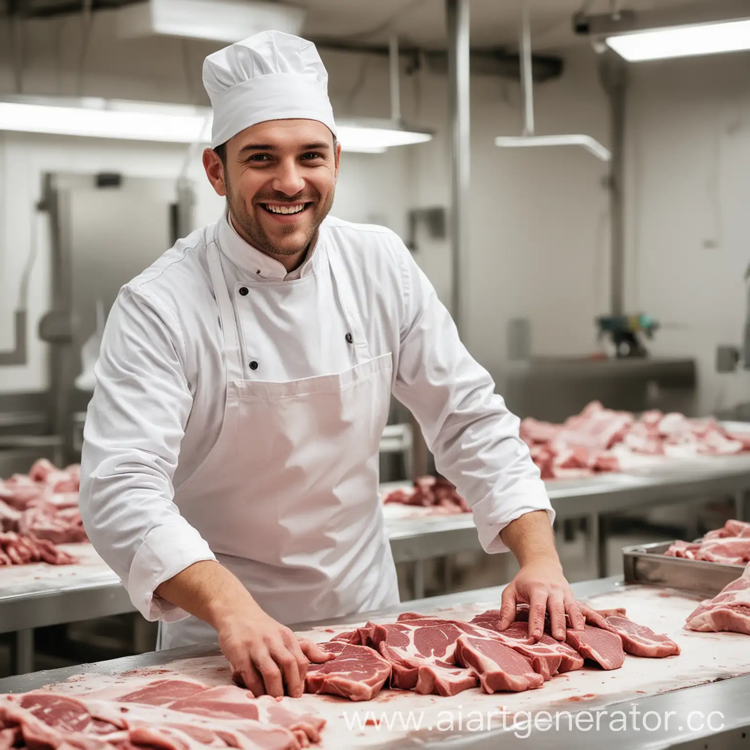 Smiling-Butcher-Expertly-Trimming-Meat-in-Hygienic-Modern-Facility