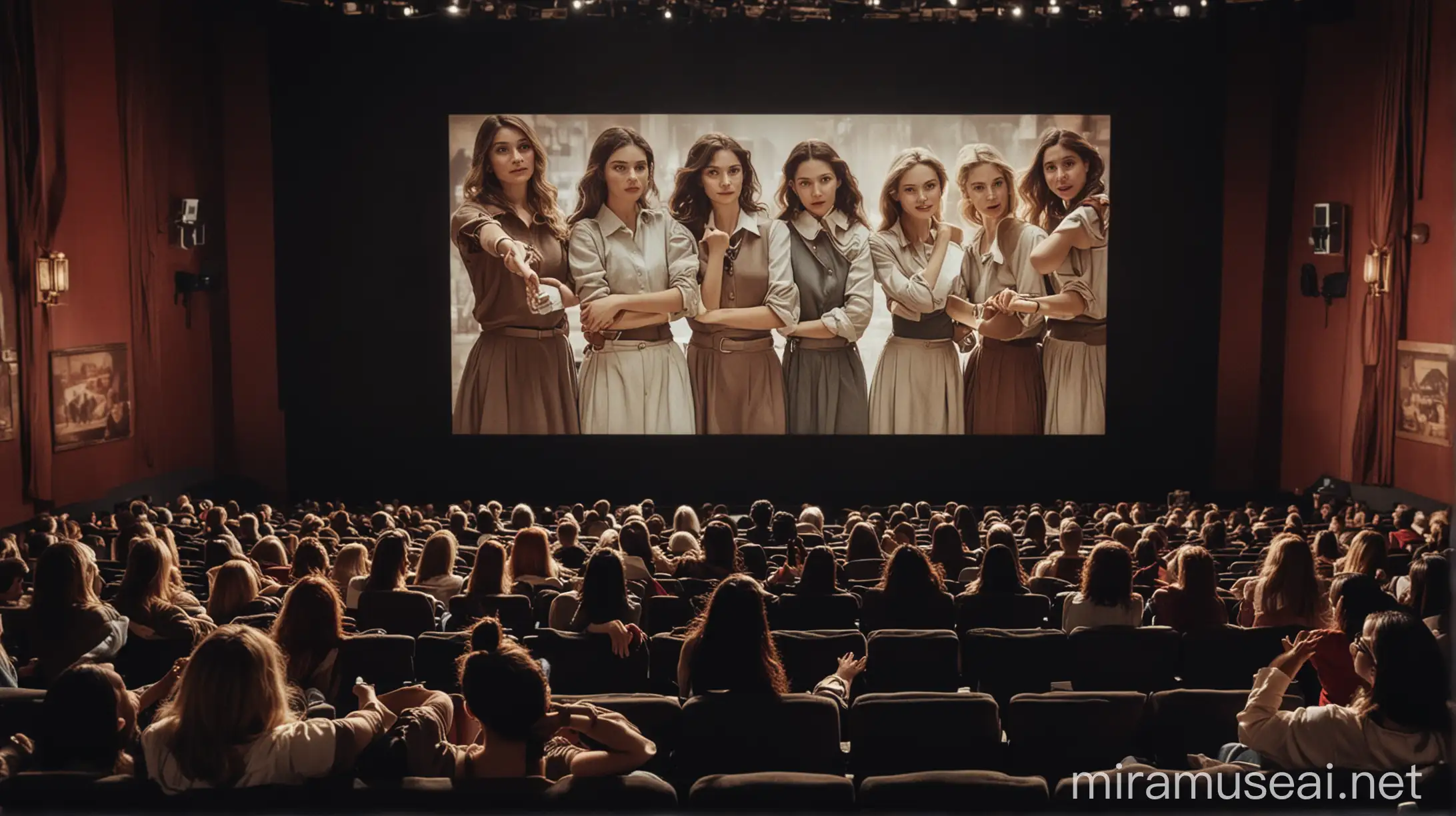 Group of Women Watching Movie in Theatre with Screen Center Stage