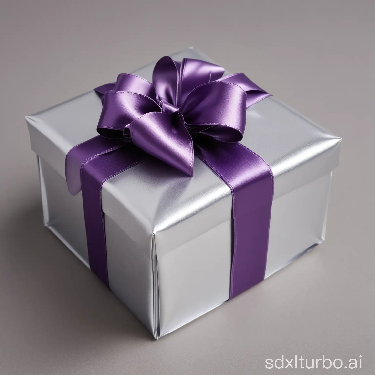 Feature a sleek silver present against a neutral grey background with a regal purple ribbon, focusing solely on the present and preventing small objects from lying anywhere near it