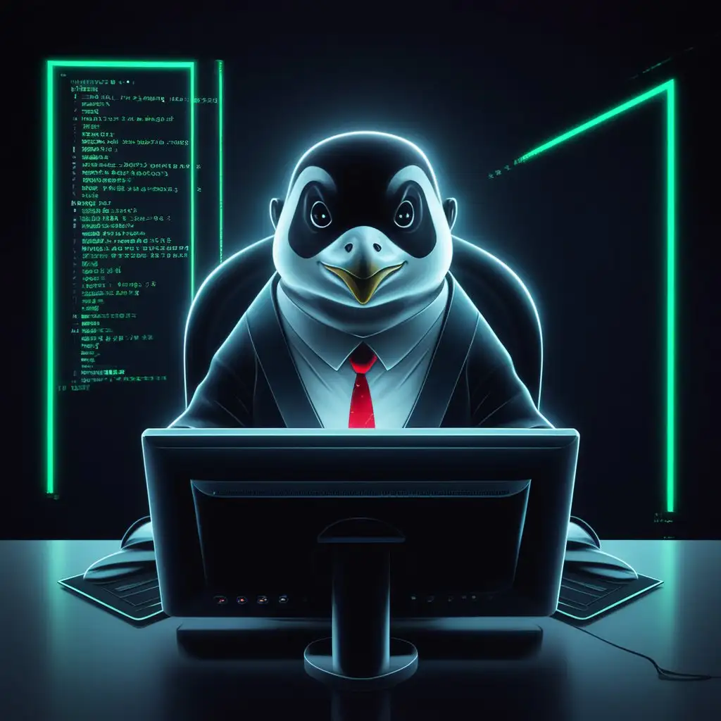 GNU-Operating-System-Penguin-Working-on-Computer-in-Dark-Environment