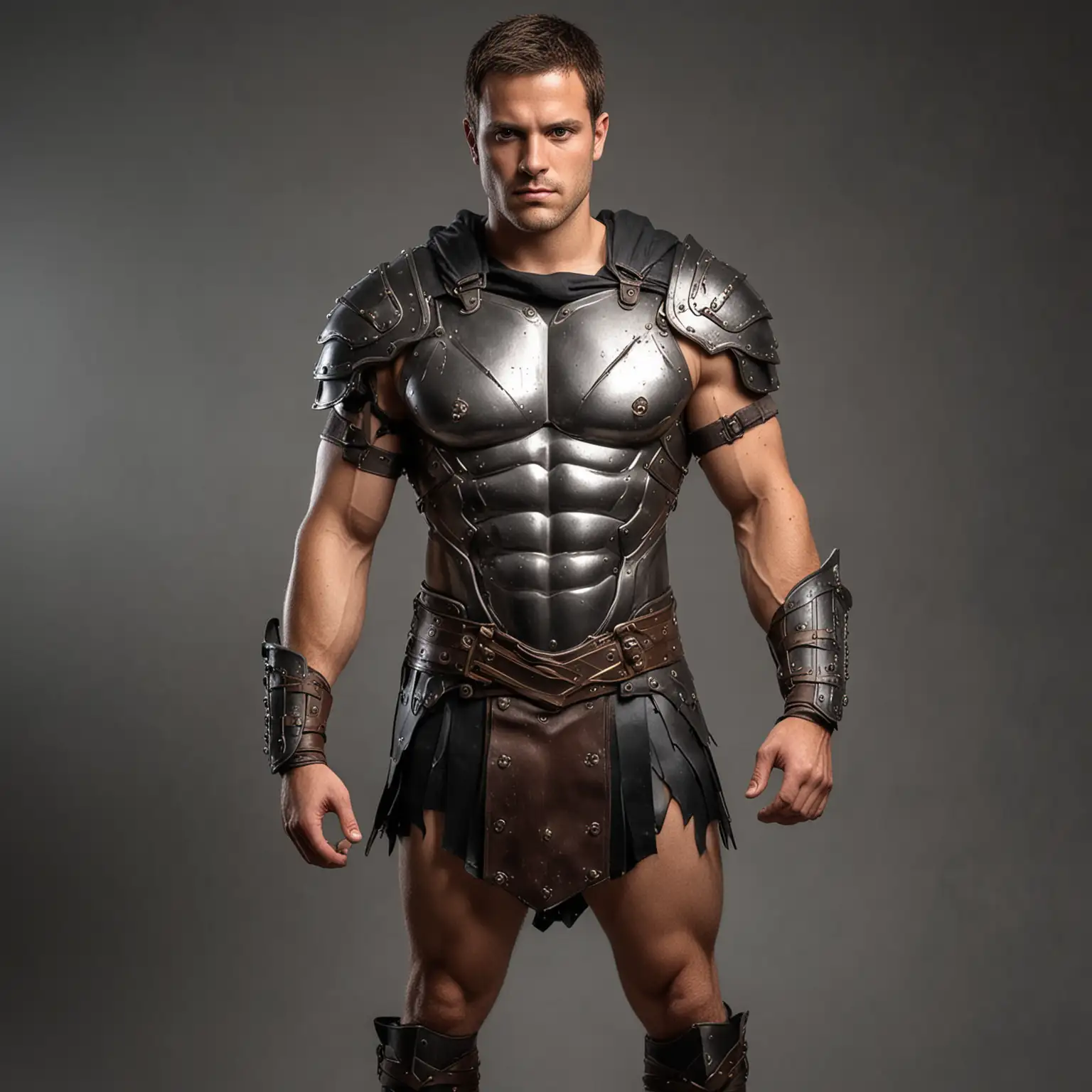 background removed, steel body armor covering his torso, muscular male Spartan warrior, sandals, bare legs, naked thighs, very short leather kilt, steel body armor covers chest area, cloak, cleanshaven, gold eyes