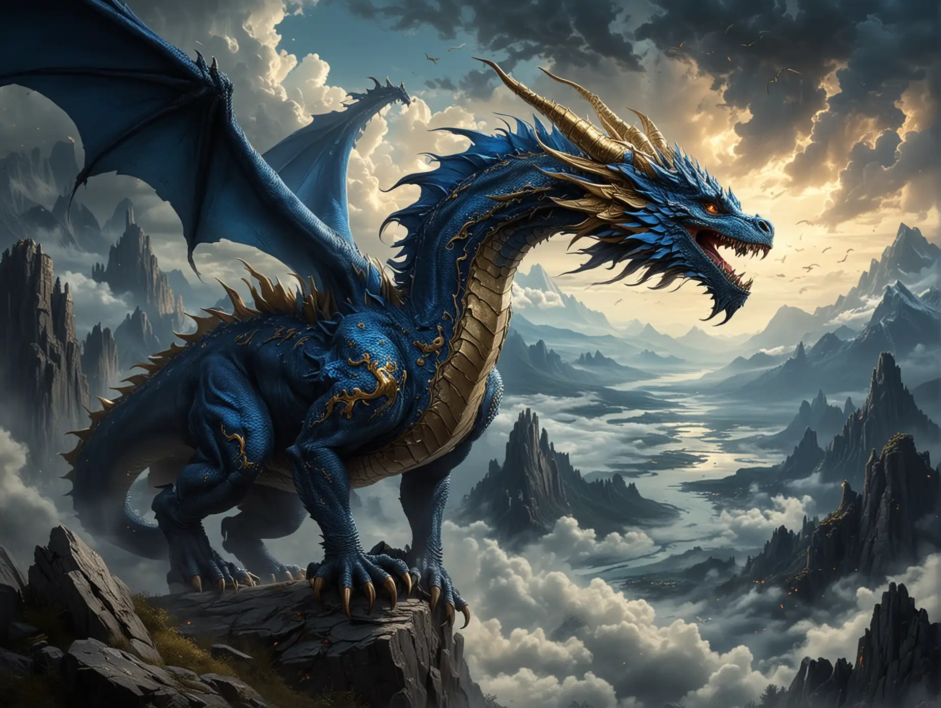 This is a piece of artwork depicting the mythical creature dragon. The dragon in the picture has the following features:n- The body of the dragon presents in a deep blue color, adorned with gold decorations.n- It possesses enormous horns and mane, looking very majestic.n- Its eyes flicker with blue light, making it look mysterious and powerful.n- Its claws are sharp and strong, indicating that it is a formidable predator.n- The entire scene is filled with clouds and mountains, creating a fantasy atmosphere.nnIn general, this is a magnificent and imaginative picture that displays the image of dragons as powerful beings in legends.