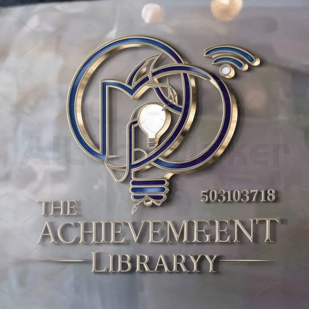 a logo design,with the text "office of achievement solving tasks and costs and scientific and academic research and coding codes", main symbol: Design logo for Achievement Library 503103718 nStudent services, featuring a complex intertwined design incorporating symbols of knowledge and learning: an open book representing educational resources, a light bulb symbolizing intellectual enlightenment, and a Wi-fi symbol indicating technology and digital access. The logo should help students achieve academic success by providing advanced informational sources in a digital environment. Use a varied yet harmonious color palette, such as royal blue, deep purple, and gold, to give the logo a luxurious feel. Add gold and silver accents for elegance. Include the library's number 503103718 next to the logo. The background should be clear.,Moderate,be used in Education industry,clear background