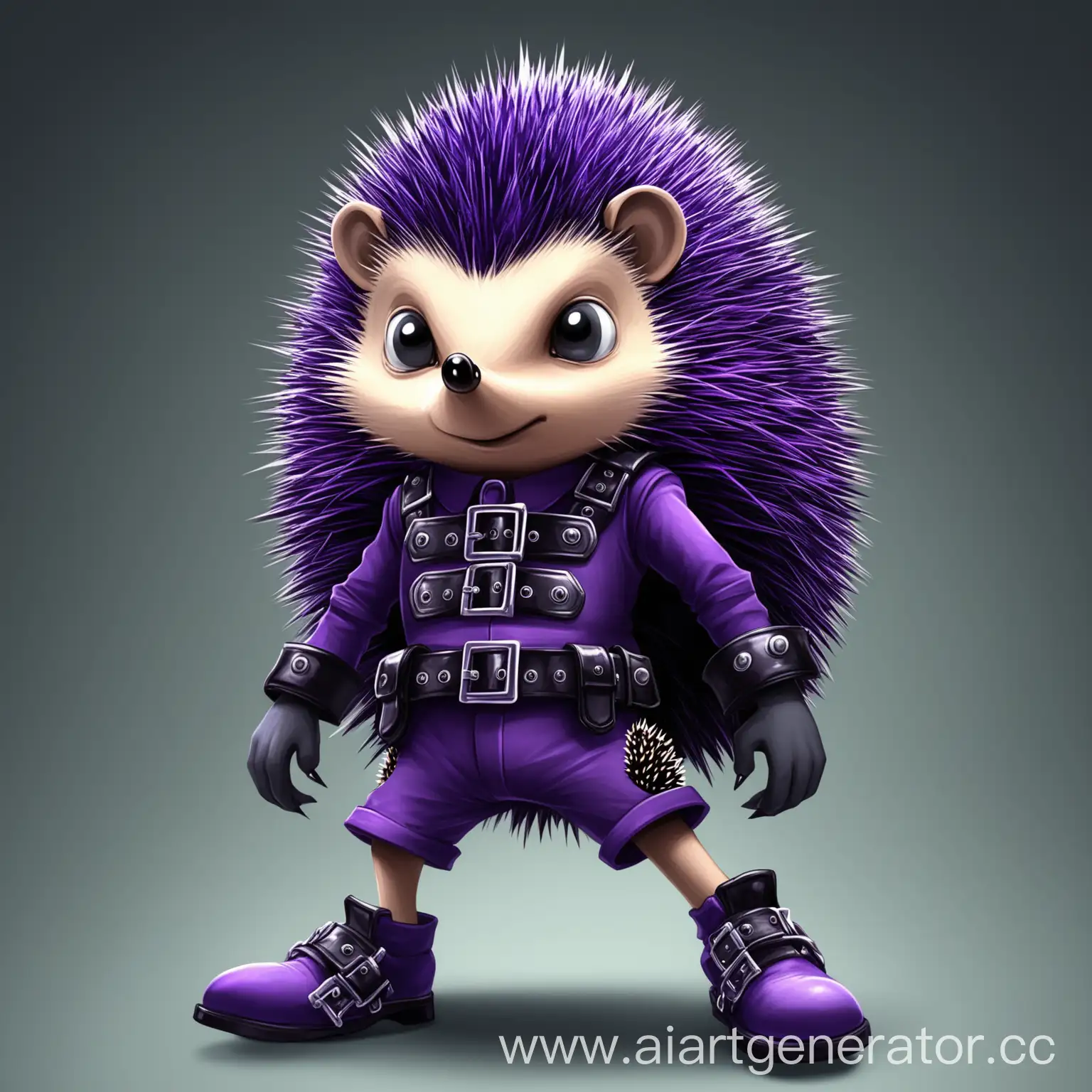 Anthropomorph hedgehog, purple fur, black eyes, serious face, shoes with buckles