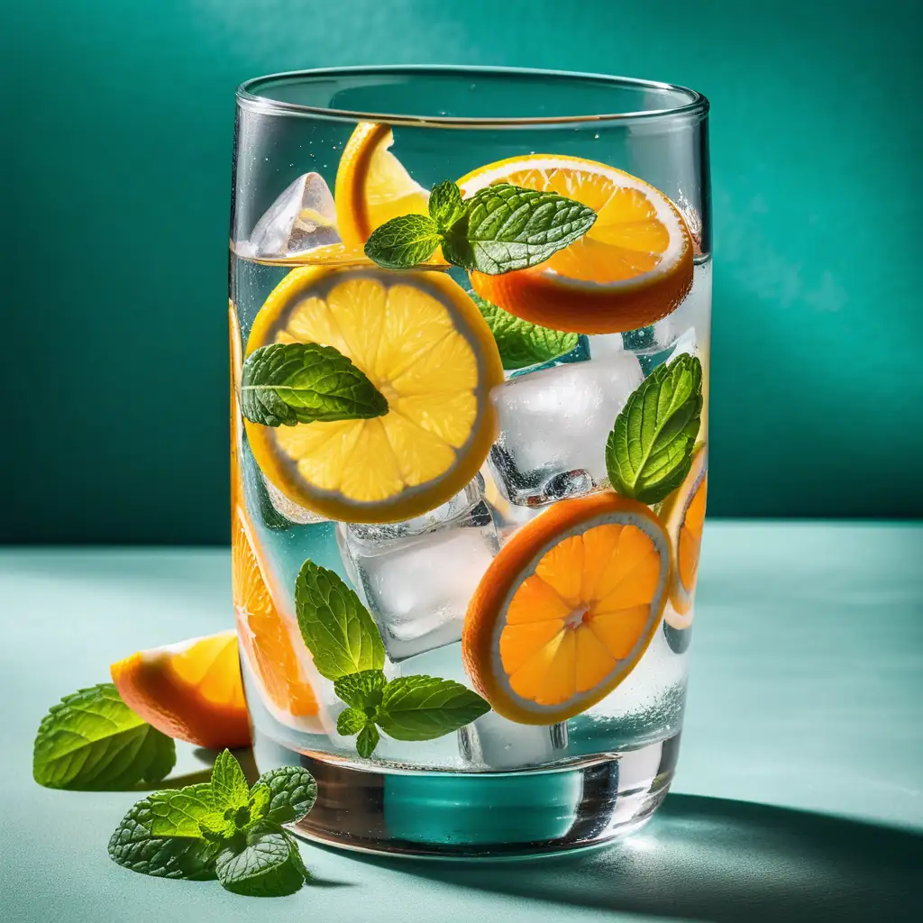 orange slices, lemon slices in glass of water, mint leaves in glass, ice cubes on top