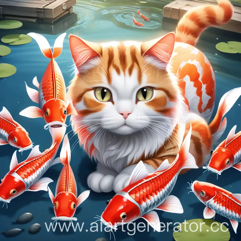 Graceful-Cat-Surrounded-by-Swimming-Carps