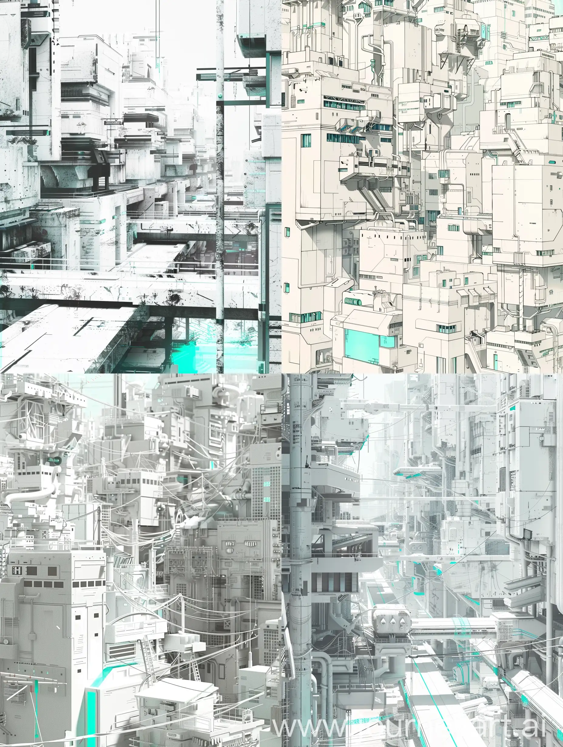 трущобы в стиле аниме киберпанк в бело серых тонах с горизонтальными помехами и немного бирюзового оттенка