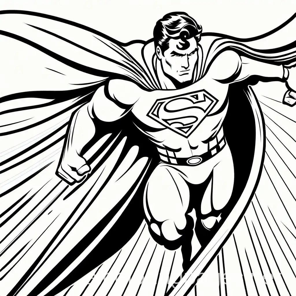 Superman, Coloring Page, black and white, line art, white background, Simplicity, Ample White Space. The background of the coloring page is plain white to make it easy for young children to color within the lines. The outlines of all the subjects are easy to distinguish, making it simple for kids to color without too much difficulty