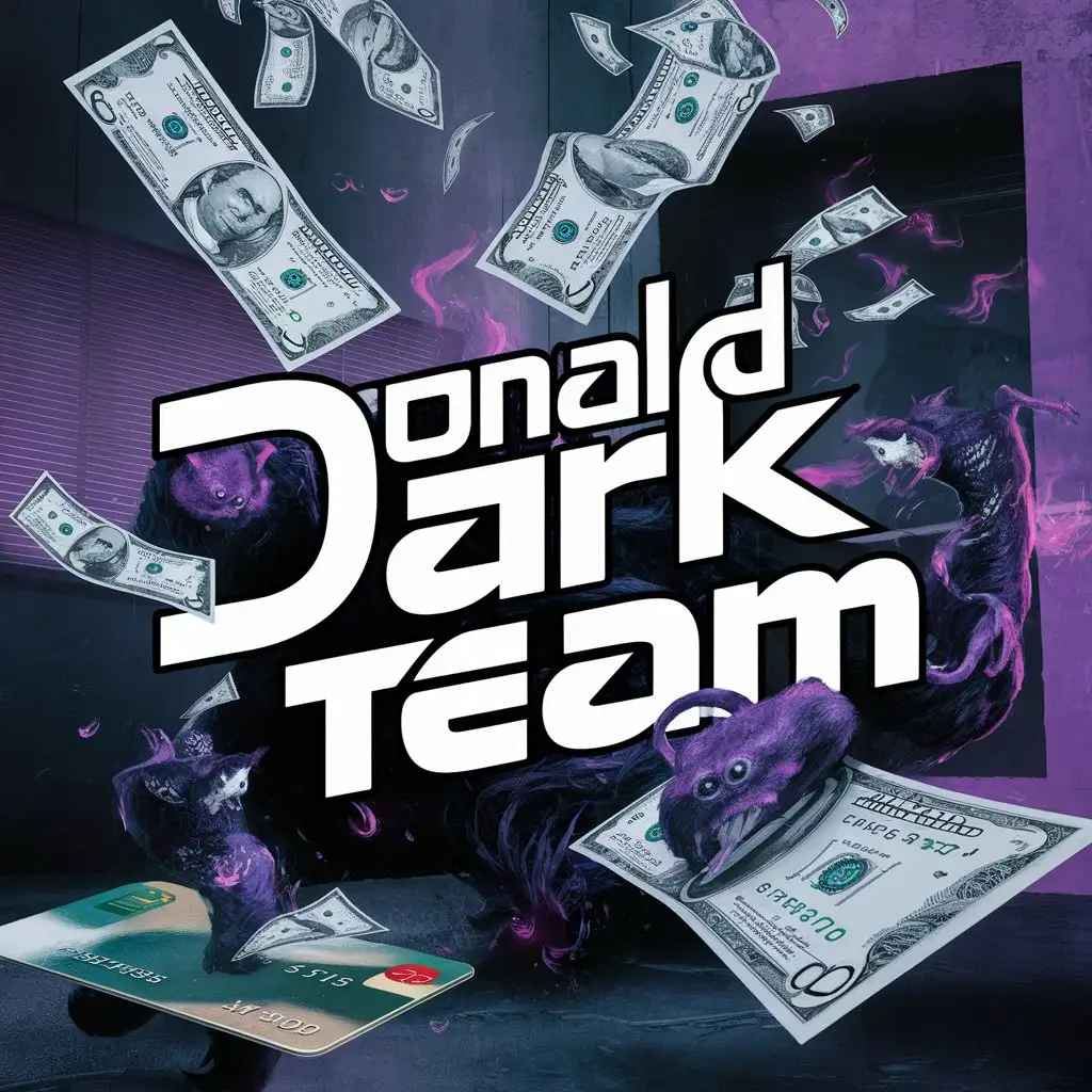 Деньги и банковские карты, на фоне надпись donald dark team