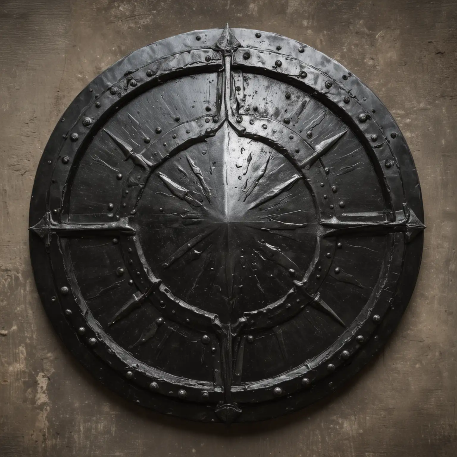 Circular ancient shield, rough metal, black gloss