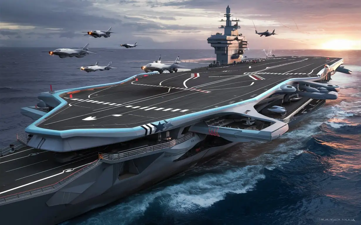 a real military aircraft carrier, with unique features and design, modern with flights taking off and landing, very unique