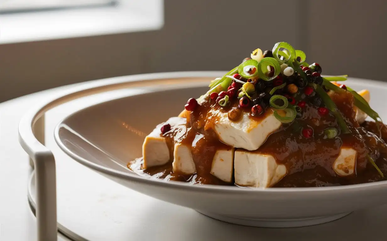 A plate of flavorful and aromatic Mapo Tofu, placed on a modern and minimalist white dining table, generously sprinkled with fresh Sichuan peppercorns and green onions. Captured in a detailed close-up style, illuminated by soft window light, focusing on the delicate texture of the tofu, showcasing its deliciousness and temptation.