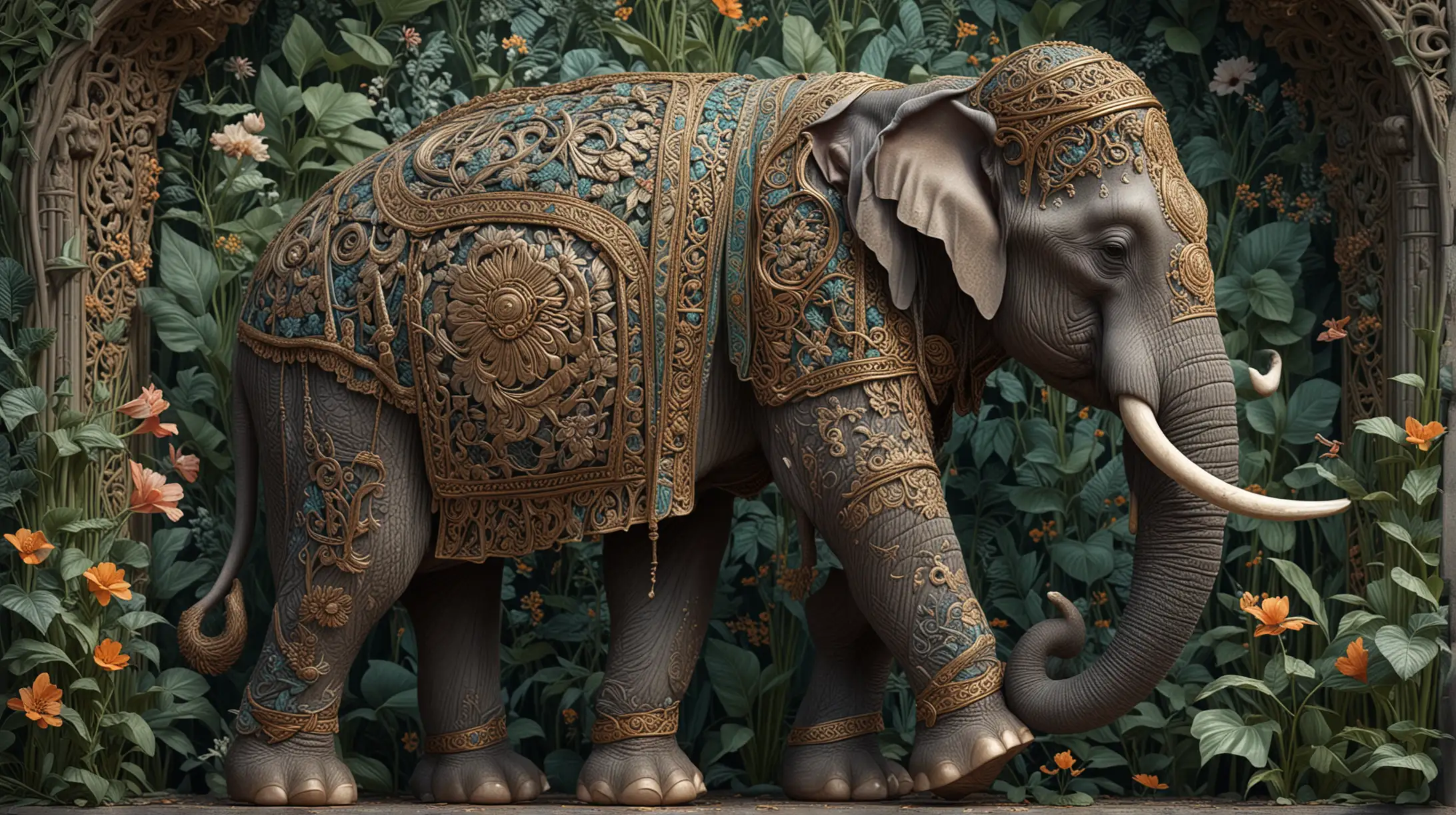 Ethereal Bohemian Asian Elephant Ornate Detailed Illustration in William Morris Style