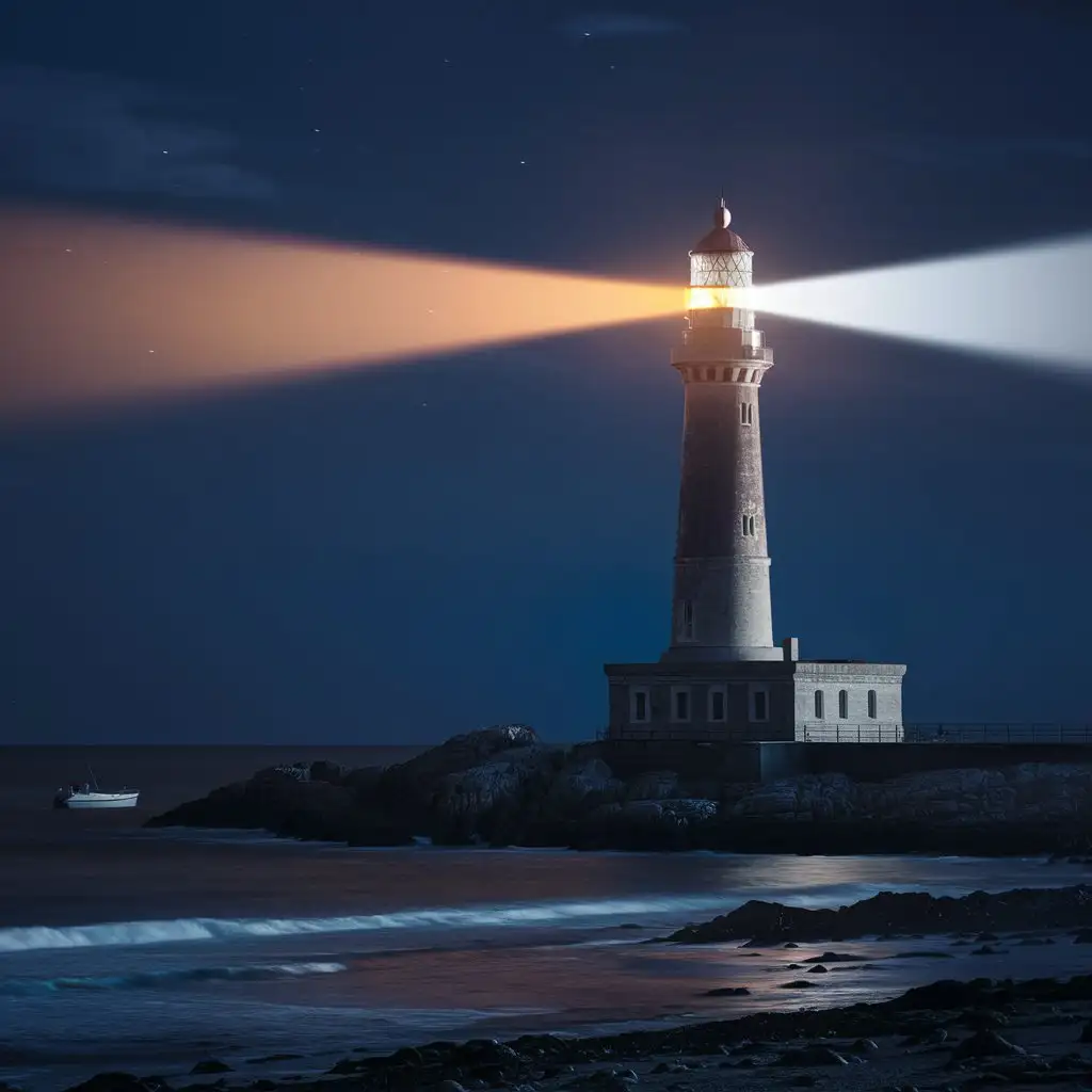 lighthouse with one orange and one white light in the night