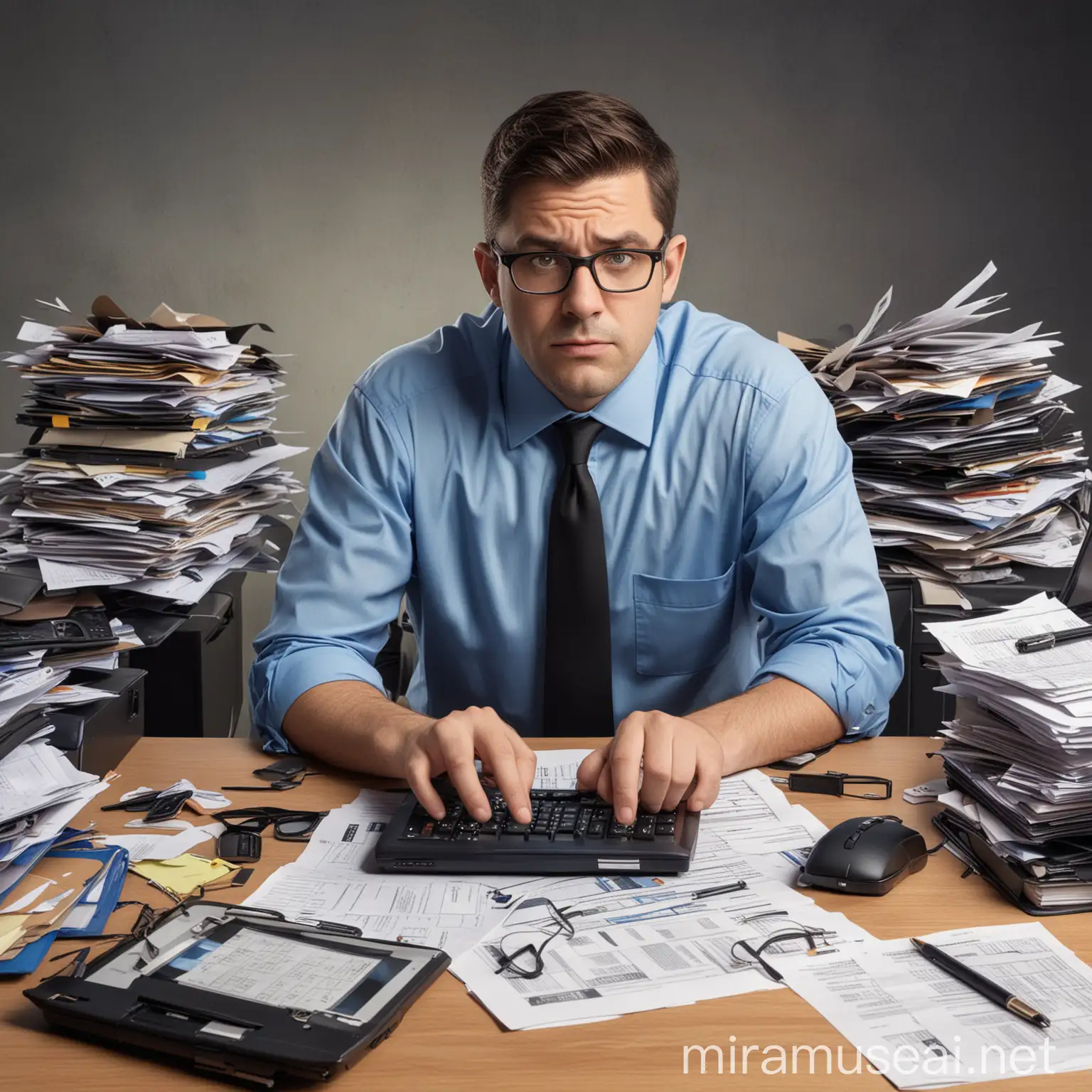 Unhappy Male Accountant Behind Cluttered Desk with Laptop
