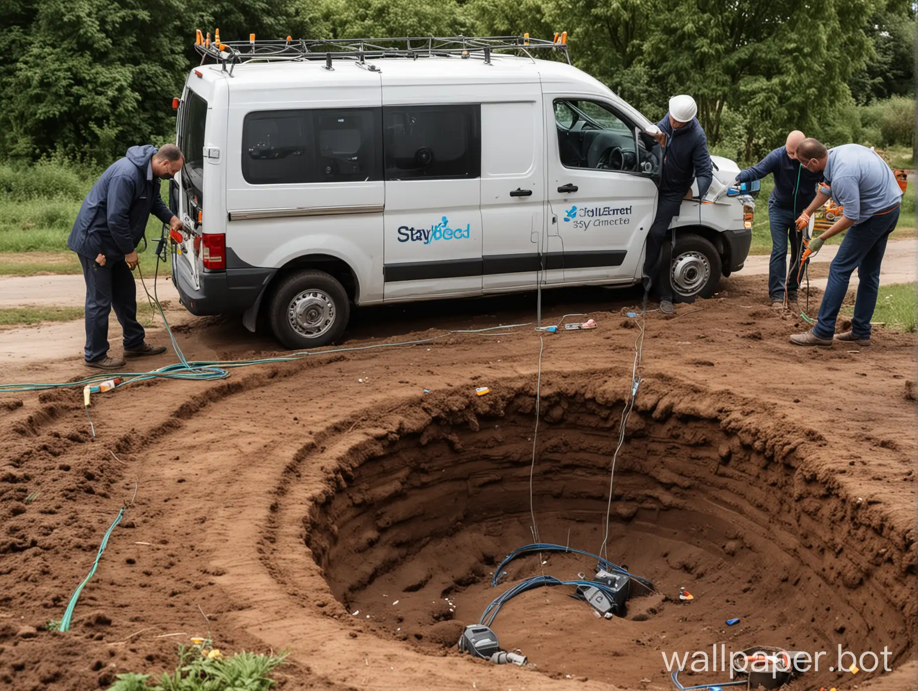 a van with "stay connected" on it, two men are digging a hole in the ground and putting fiber optics in it