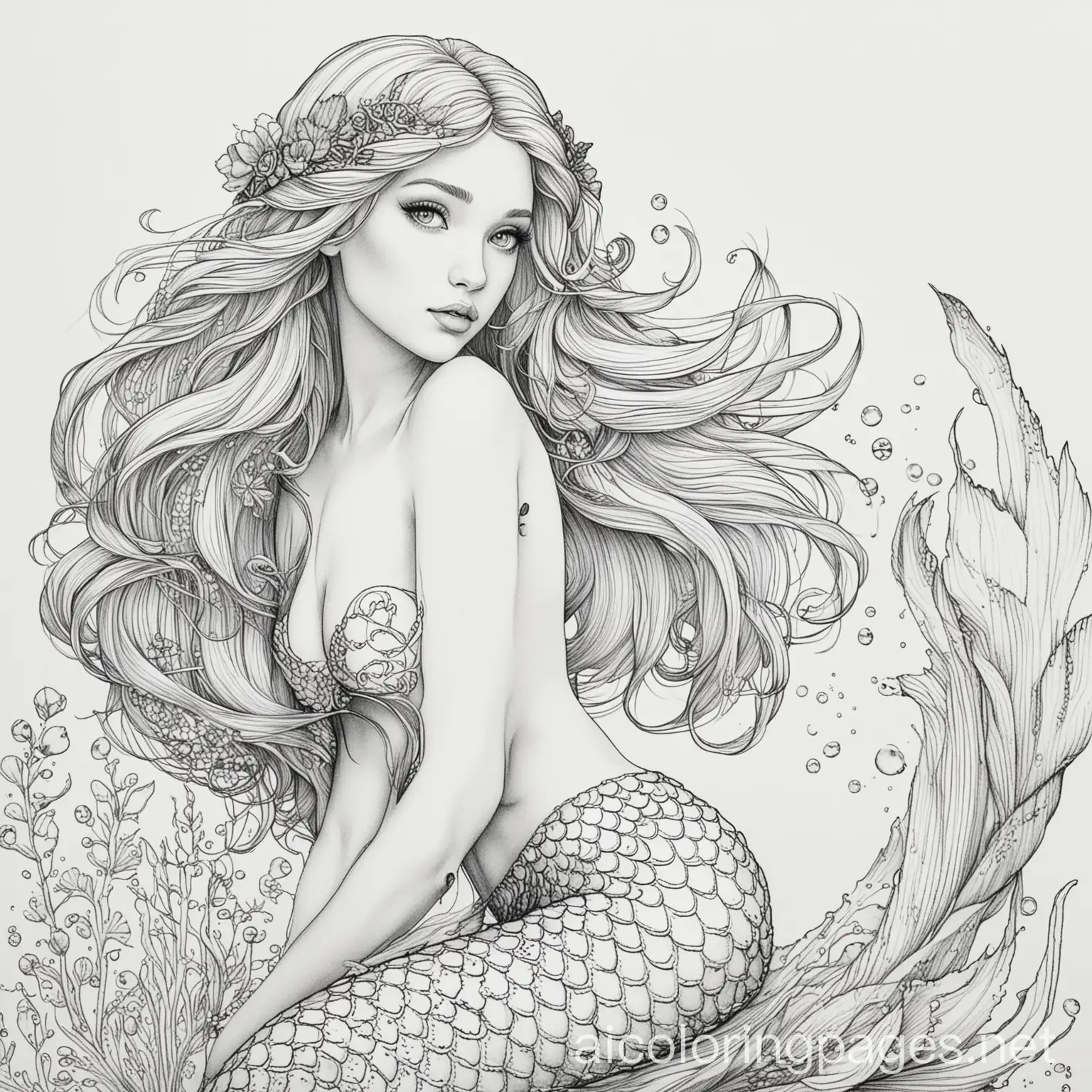 mermaid, Coloring Page, black and white, line art, white background, Simplicity, Ample White Space