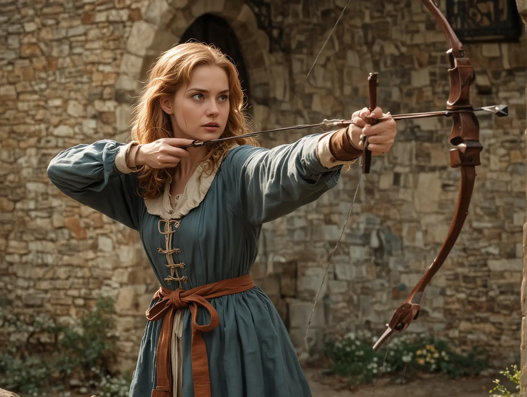 An adult Nancy Drew in the Middle Ages aiming a bow
