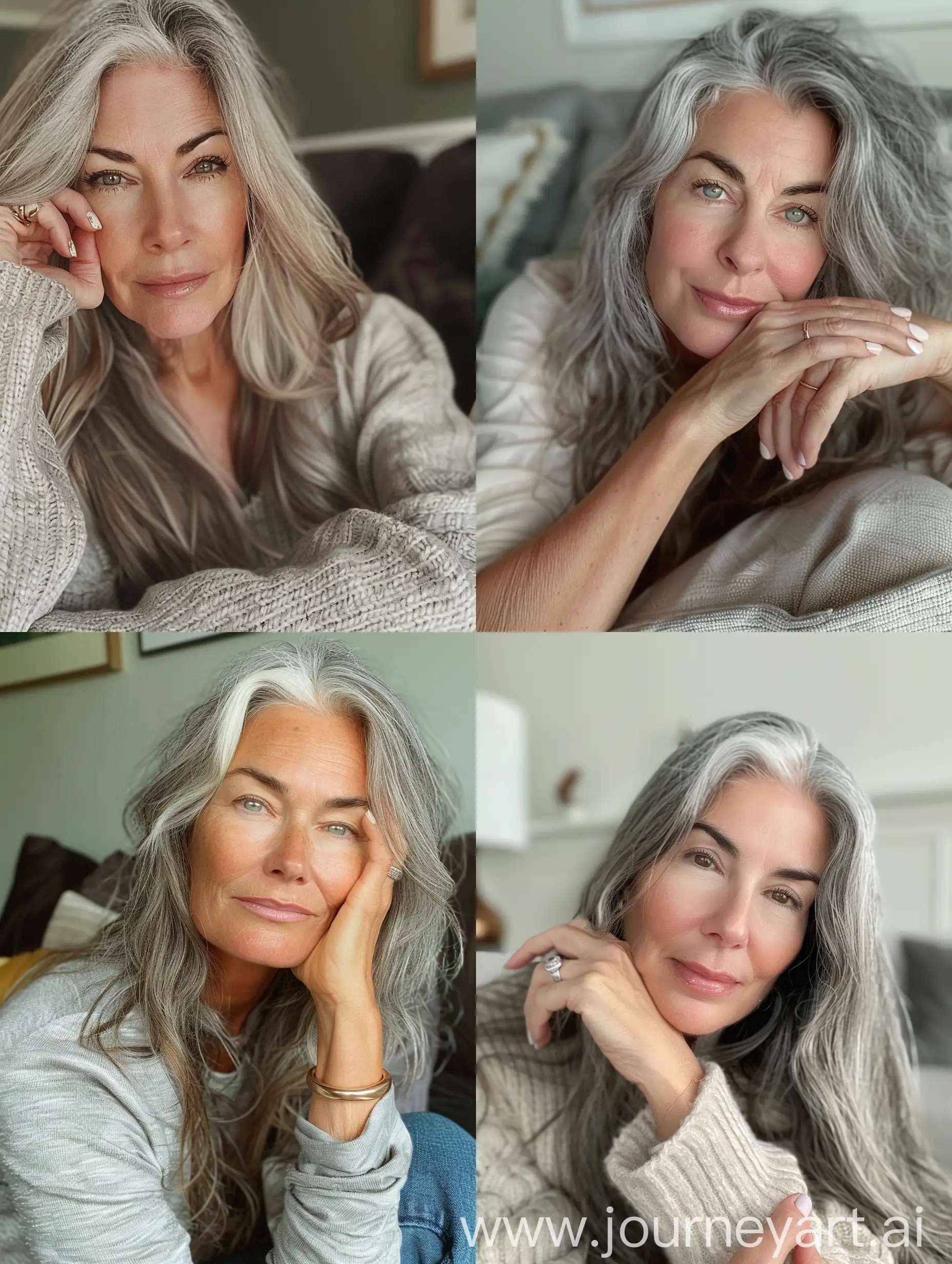 Aesthetic Instagram selfie of a mid 40's woman sitting down in her couch, close up selfie, one hand on face, white gel nail polish, wedding ring, gorgeous, bushy thick eyebrows, light colored eyes, long greying hair, super model