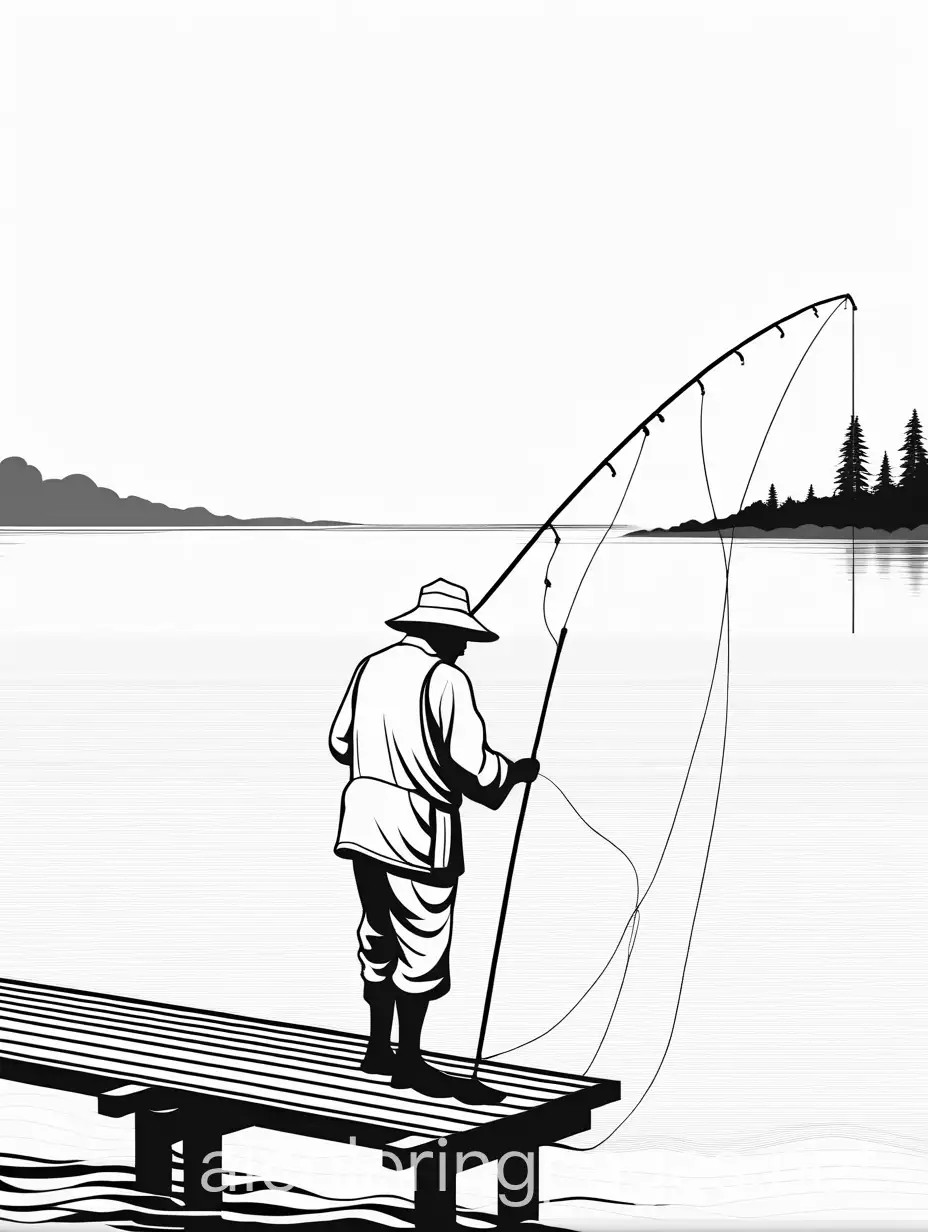 An elderly man fishing with a traditional fishing rod, on the edge of a pier, wearing a white fishing outfit., Coloring Page, black and white, line art, white background, Simplicity, Ample White Space. The background of the coloring page is plain white to make it easy for young children to color within the lines. The outlines of all the subjects are easy to distinguish, making it simple for kids to color without too much difficulty