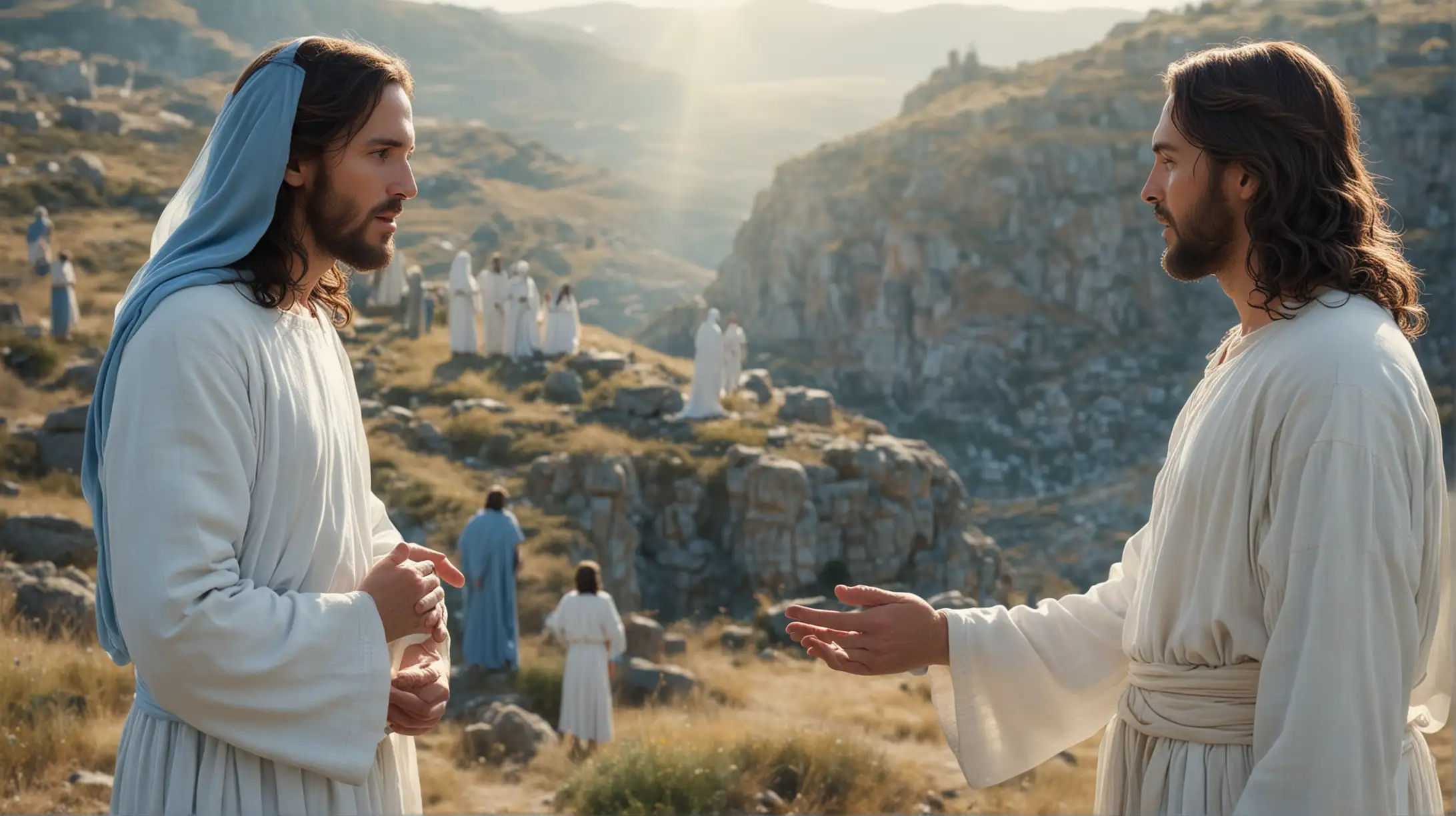Jesus in White Lovingly Observing Peter in Blue