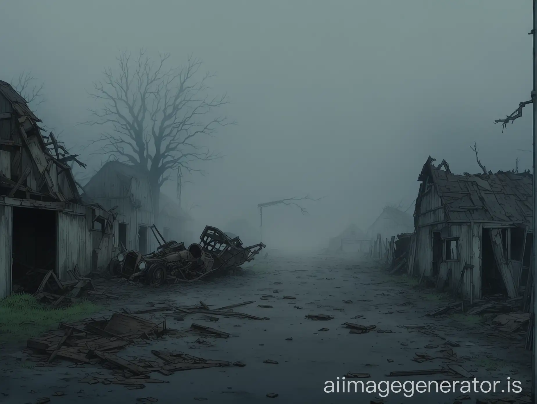 Abandoned-Farm-in-Heavy-Fog-Urban-Anime-Scene