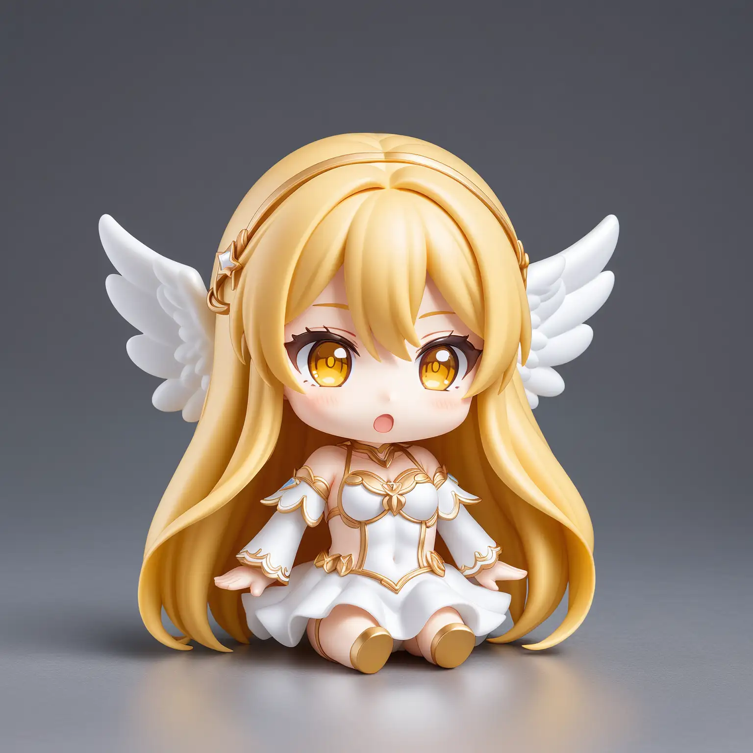 Anime sexy women , sd style,  chibi style,  nendoroid, art toys, big head,  playful, sitting on the floor , light pink angel costume, angel wing , blonde long hair, full body, no background.