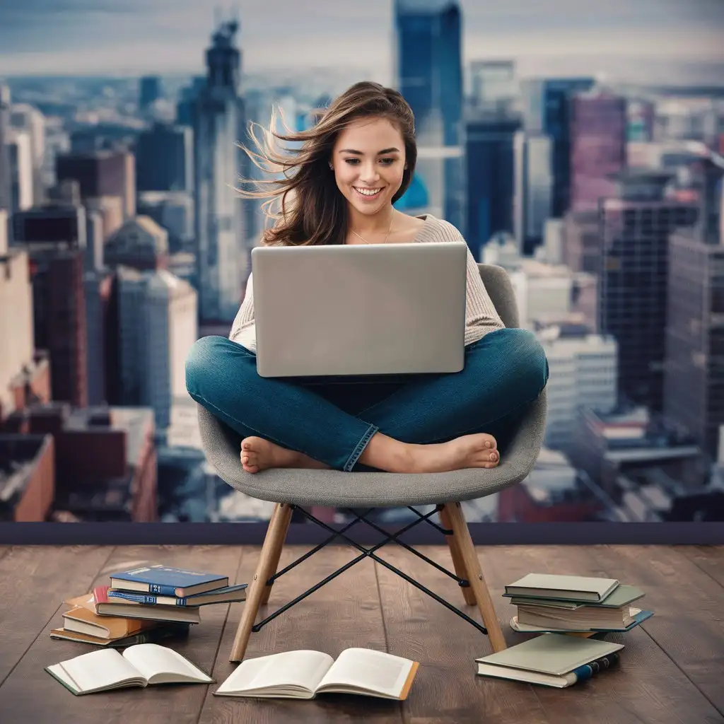 Smiling-Young-Woman-with-Laptop-and-Cityscape-View