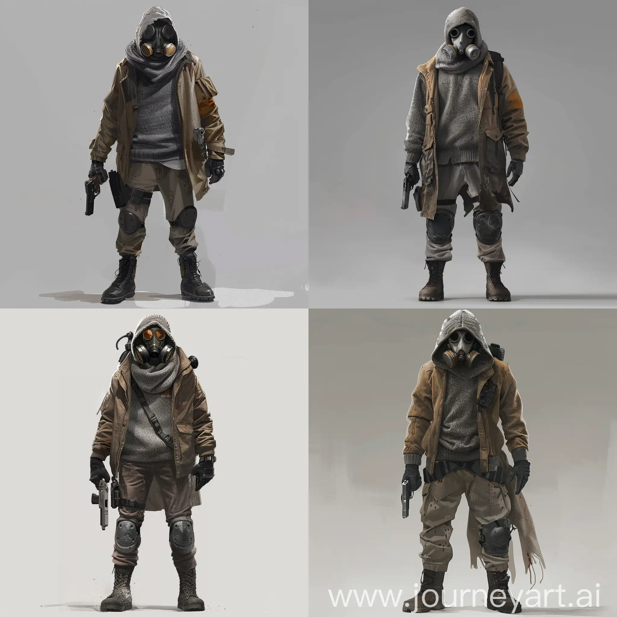 Concept art, a new stalker, a gray sweater over which he wears a dirty brown jacket, a gas mask on his face, a pistol in his hand, black gloves and army boots.