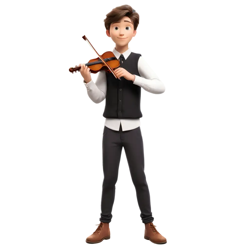 un ragazzo di 12 anni con il violino e una maglietta a maniche lunghe bianca. Una ragazza di 12 anni con il clarinetto e una maglietta a maniche lunghe nera, vicini. Stile Disney Pixar manifest. sfondo in tinta unita