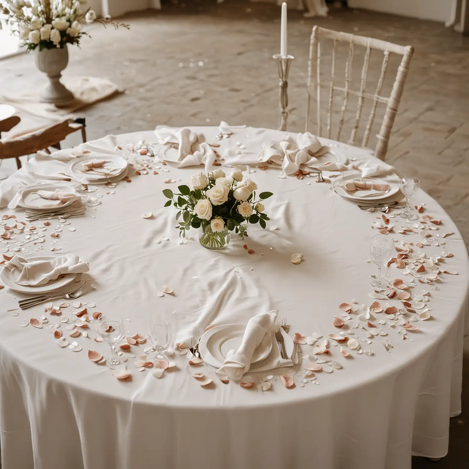 a side view of a round table set for a minimalist wedding, showing a white tablecloth with a neutral colored table runner that has white rose petals scattered delicately on top of the table runner in the center of the table