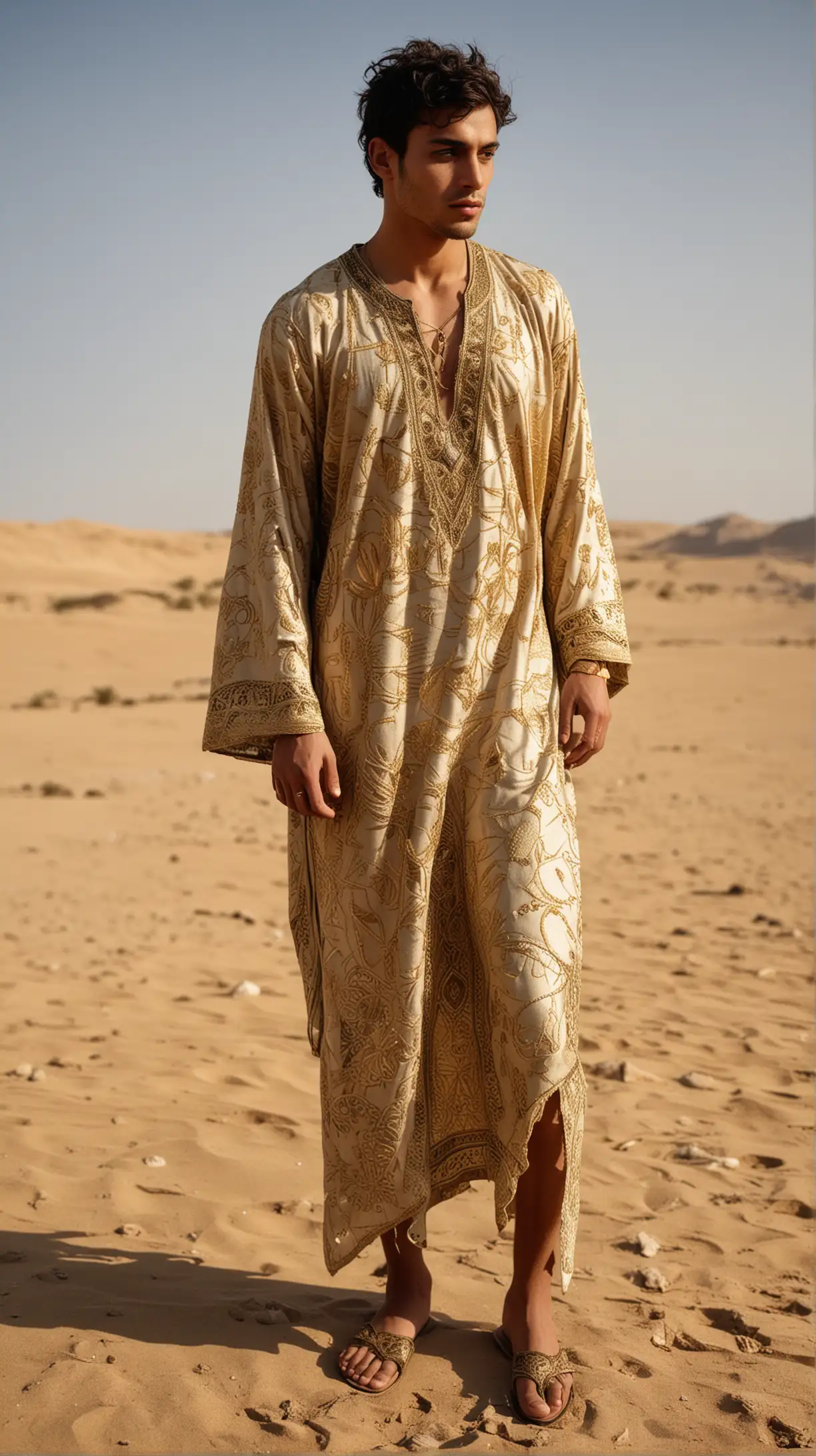 Muscular Man in Torn GoldEmbroidered Kaftan Poses Dramatically in Desert Sunlight