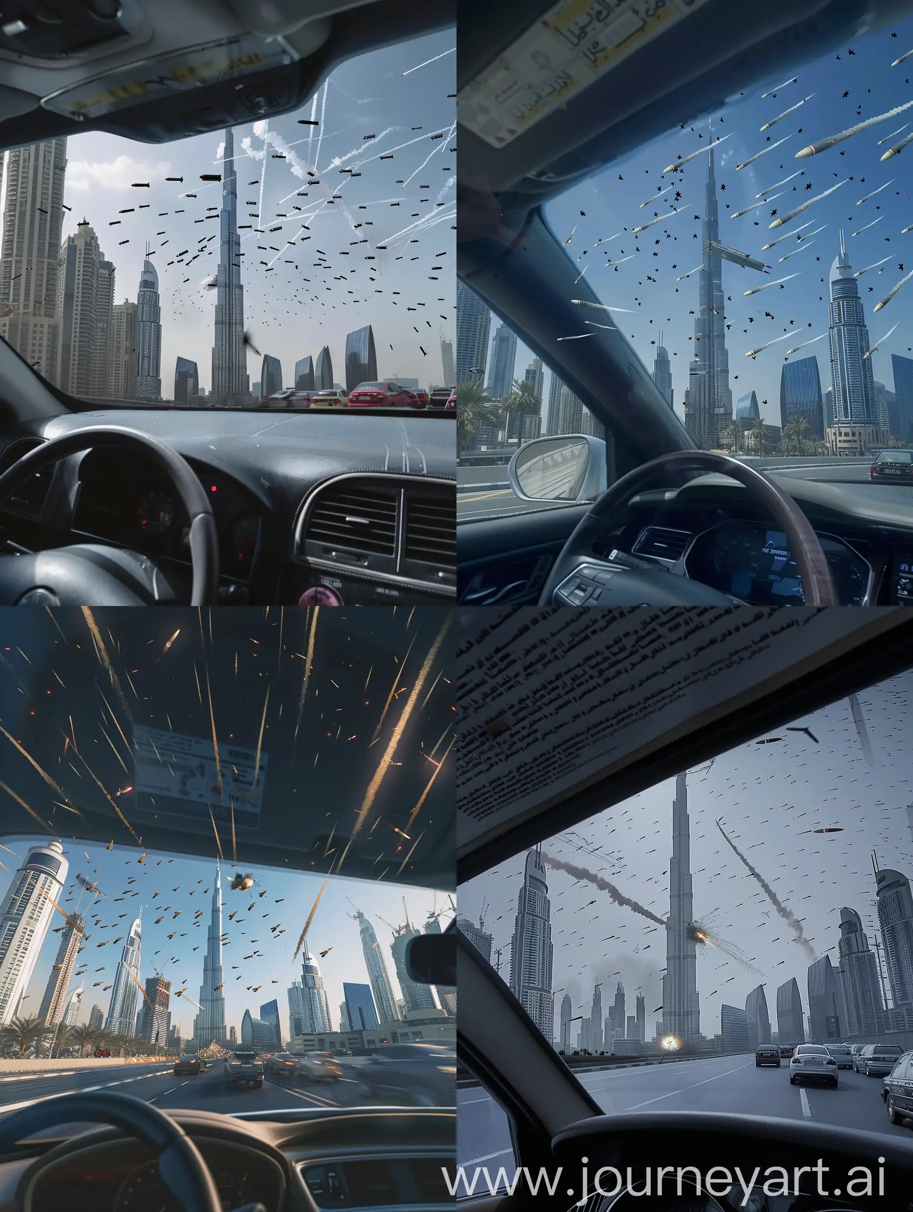 A shot from inside a car of the Burj Khalifa falling from the text because of a missile that hit it, many rockets flying over the Burj Khalifa, the whole city is empty and there is no one but you, a spirited, pure cinematography --ar 3:4 --s 50 --style raw --v 6 