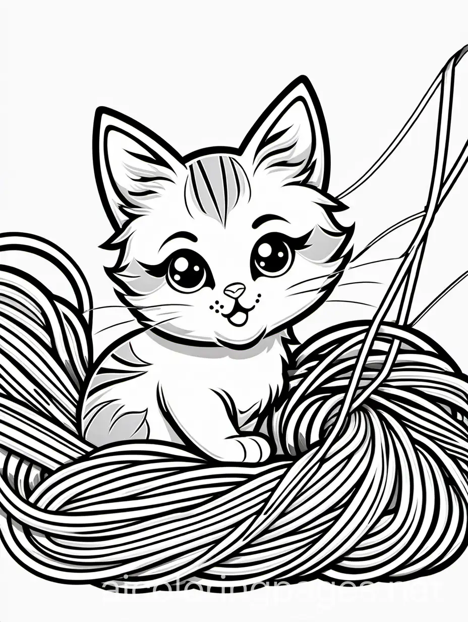 A playful kitten chasing a ball of yarn, Coloring Page, black and white, line art, white background, Simplicity, Ample White Space. The background of the coloring page is plain white to make it easy for young children to color within the lines. The outlines of all the subjects are easy to distinguish, making it simple for kids to color without too much difficulty