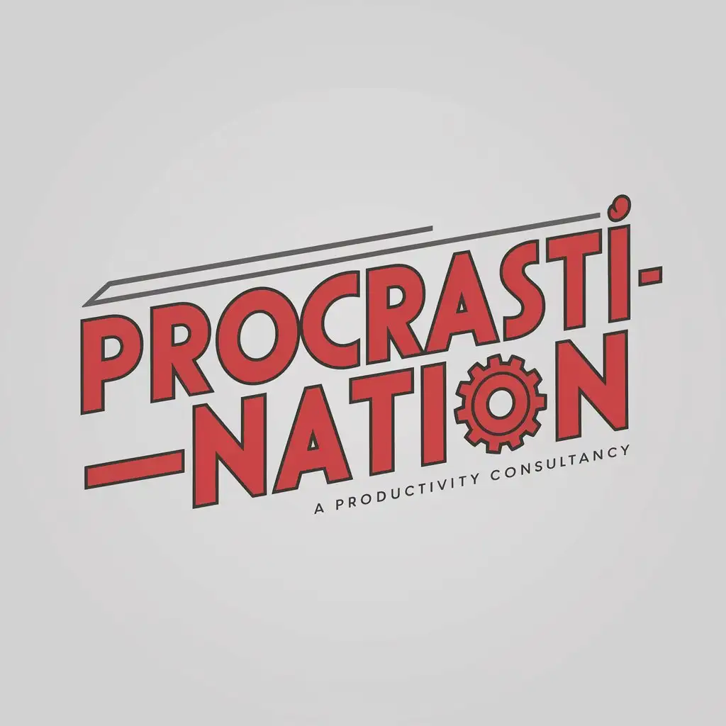 Create a flat vector, illustrative-style wordmark logo design for a productivity consultancy named 'Procrasti-Nation' where the 'o' in 'Nation' is stylized as a gear, and the entire typography has a slight slant to imply motion and efficiency. Use vibrant red and cool gray against a white background. Do not show any realistic photo detail shading.