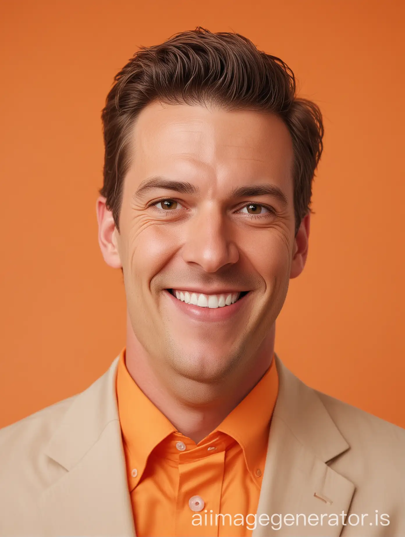A happy white businessman looking directly at the camera. There is an all orange background. He is wearing any color that is not orange.