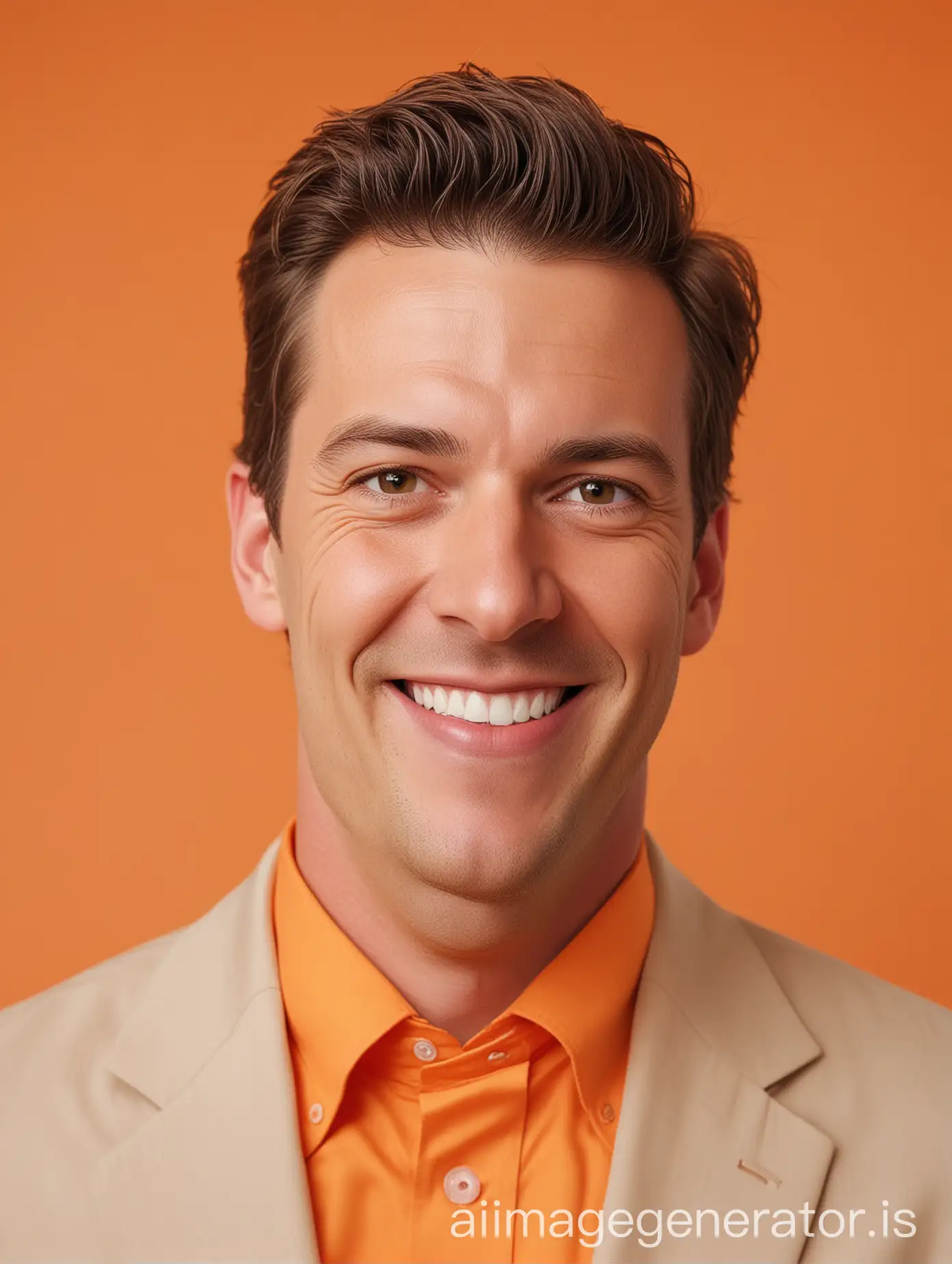 A happy white businessman looking directly at the camera. There is an all orange background. He is wearing any colour that is not orange.  