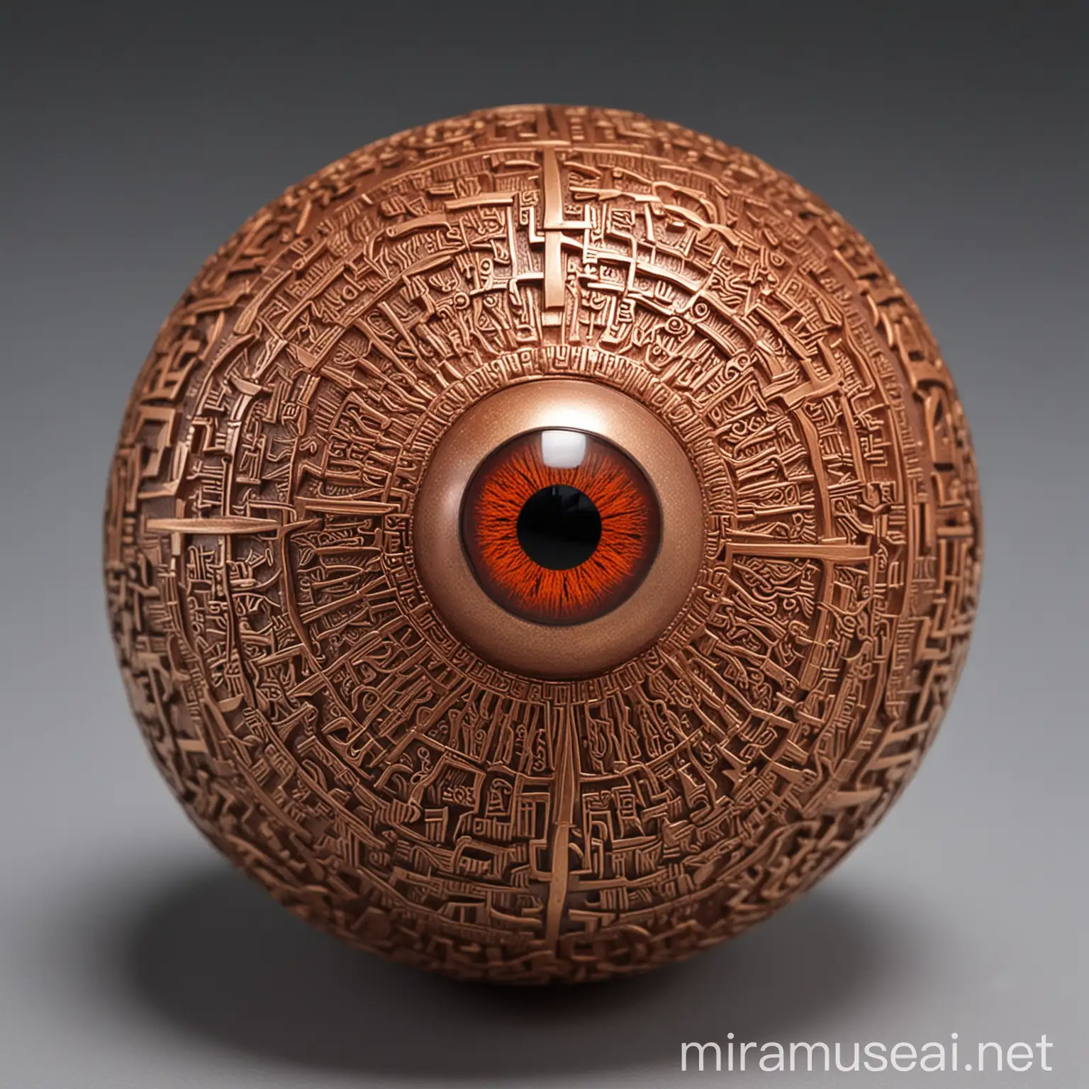 一个红色的铜球，雕刻着复杂的文字纹路，球上有一个的宝石雕刻的眼睛，眼睛是金色竖瞳