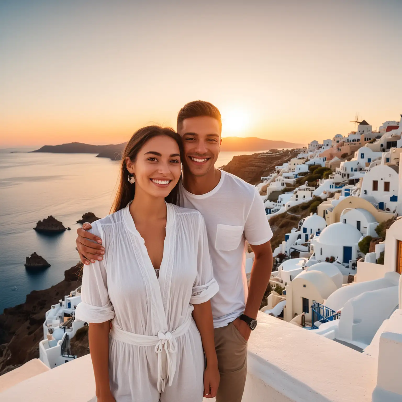 Smiling Young Couple Enjoying Sunset in Santorini
