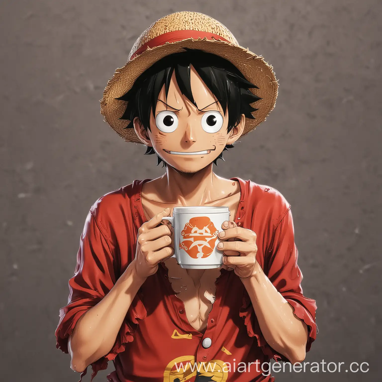 Луффи держит чашку кофе, аниме one piece