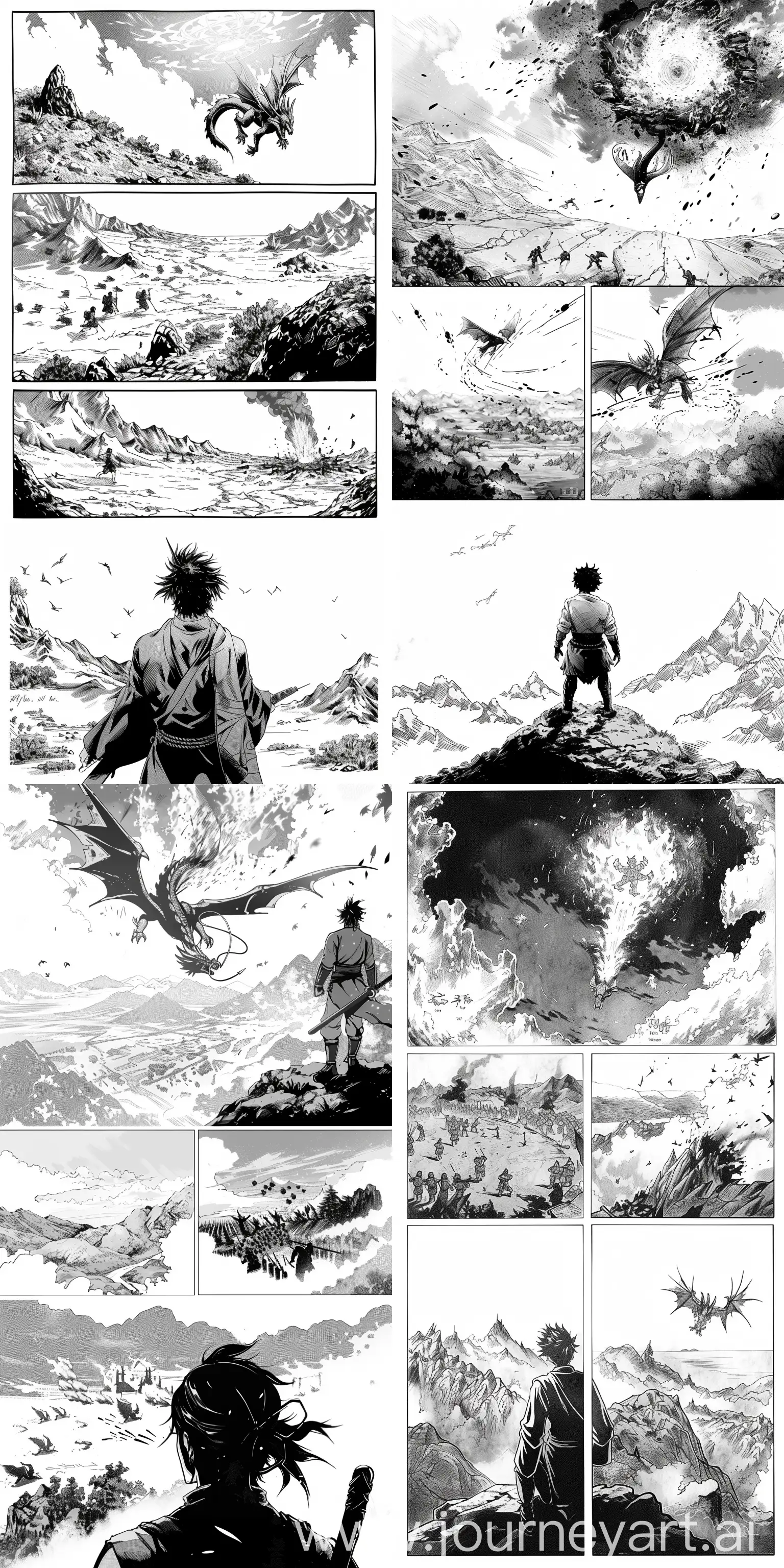 Warrior-Overlooking-the-End-of-an-Ancient-Battle-Black-and-White-Manga-Art