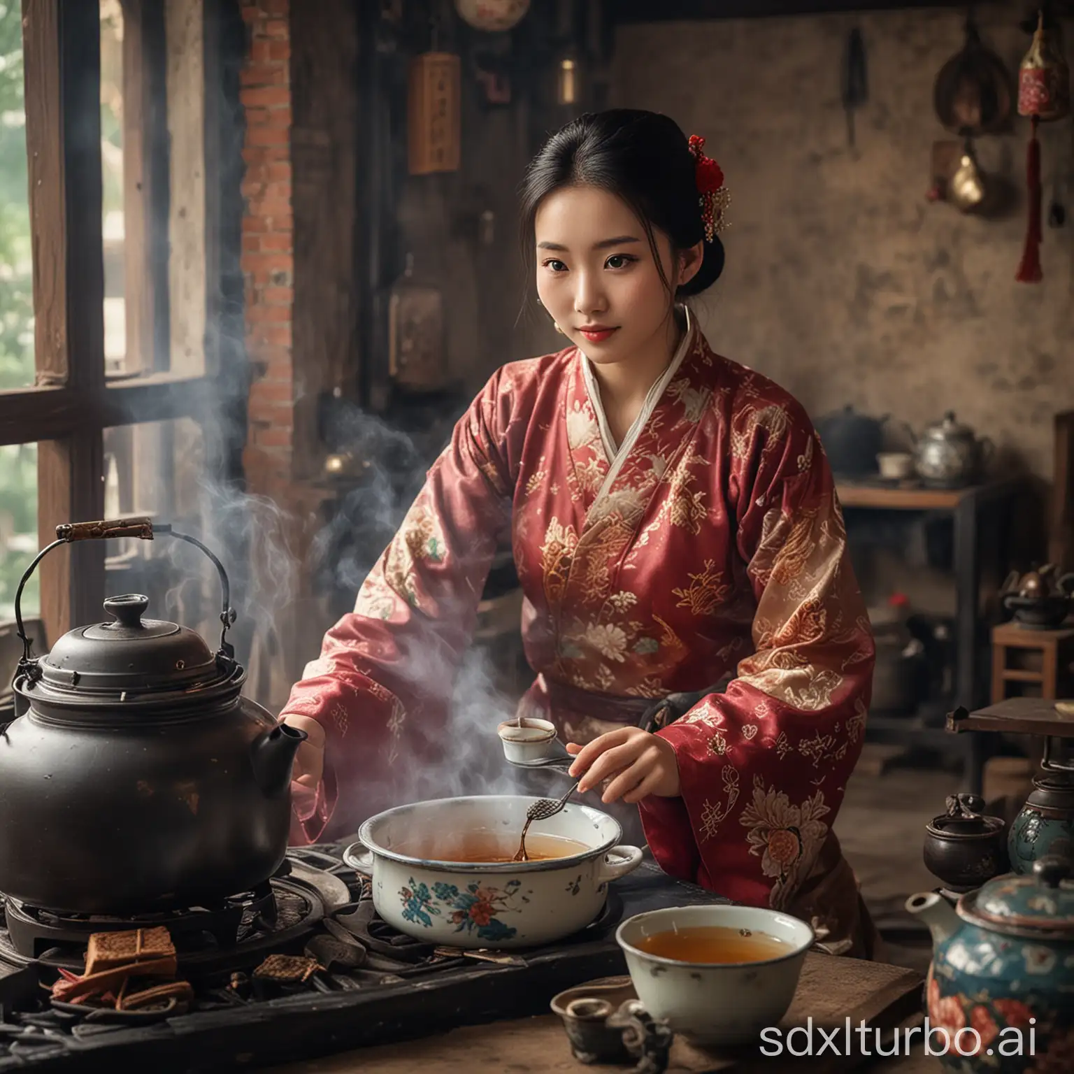 A Chinese beauty, in a very beautiful place, around the stove boiling tea, how comfortable