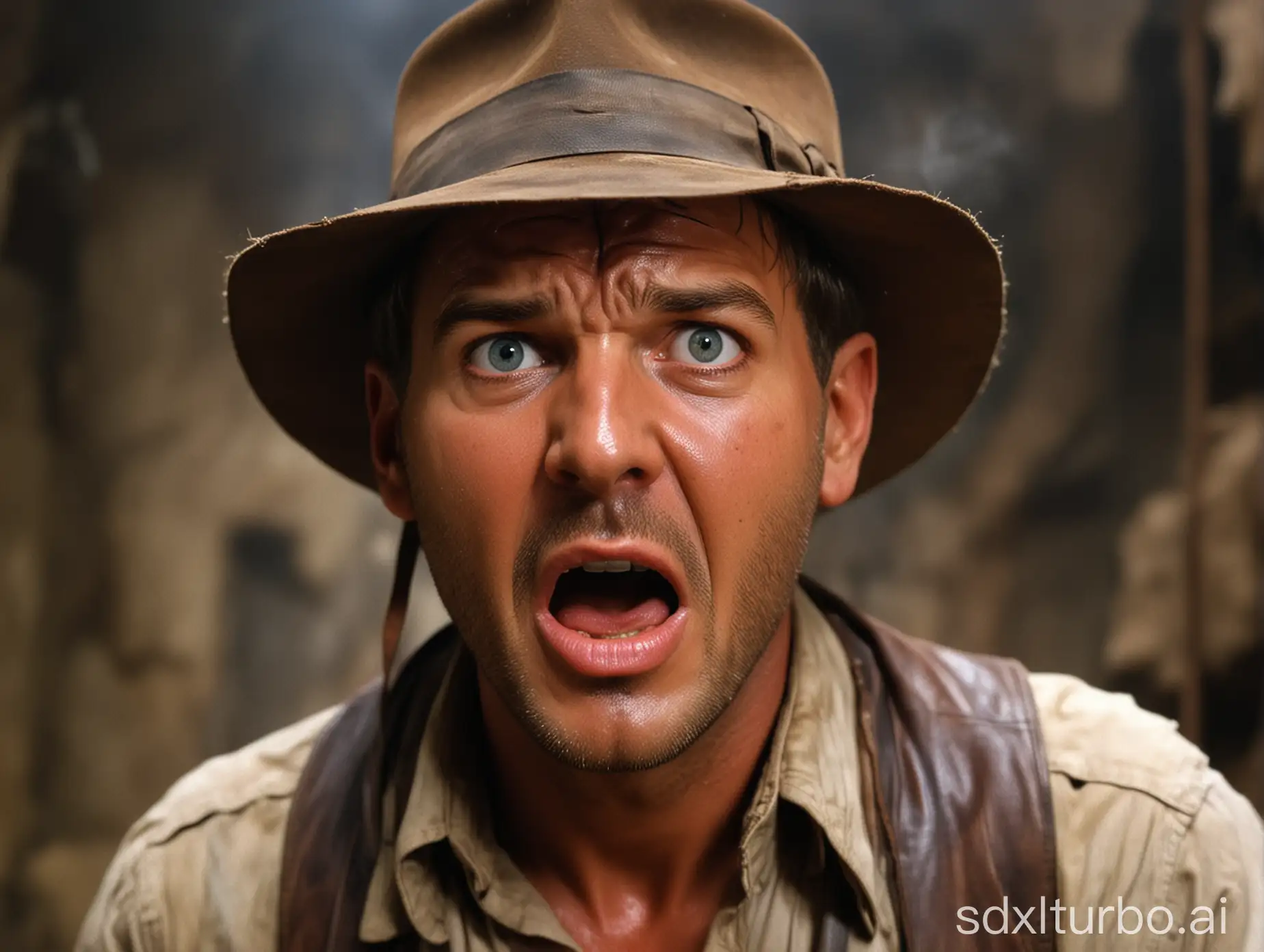 Indiana jones with an extremely shocked expression on his face, 