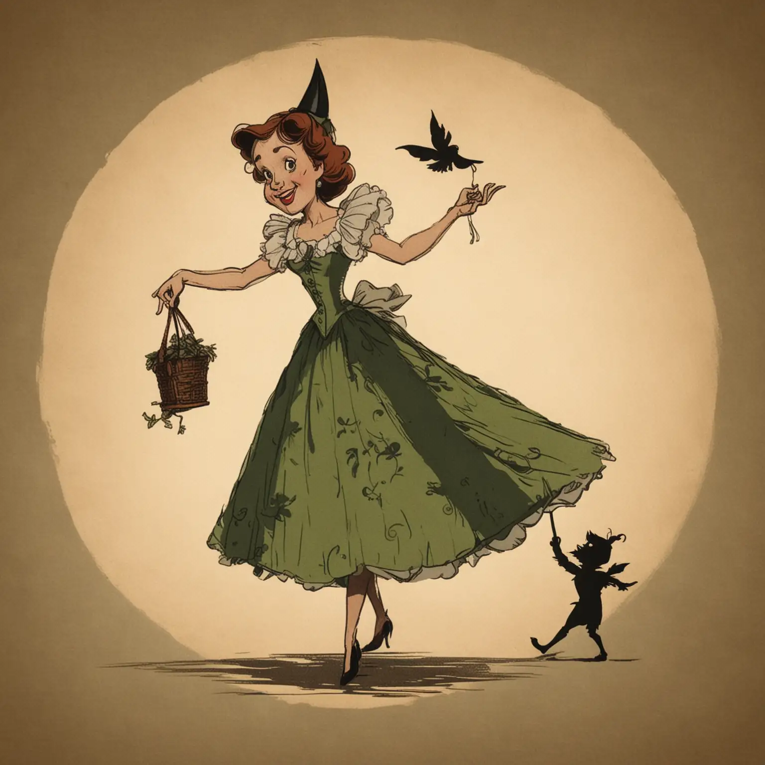A whimsical cartoon rendition of Mrs Darling from Peter Pan, she is holding peters shadow