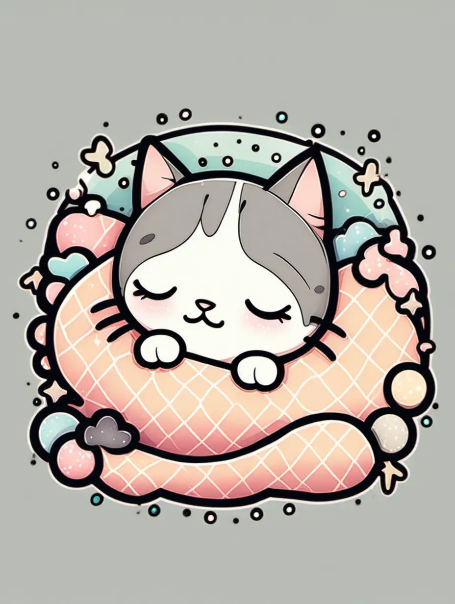 Sleepy Kawaii Cat in Detailed Cartoon Style Illustration