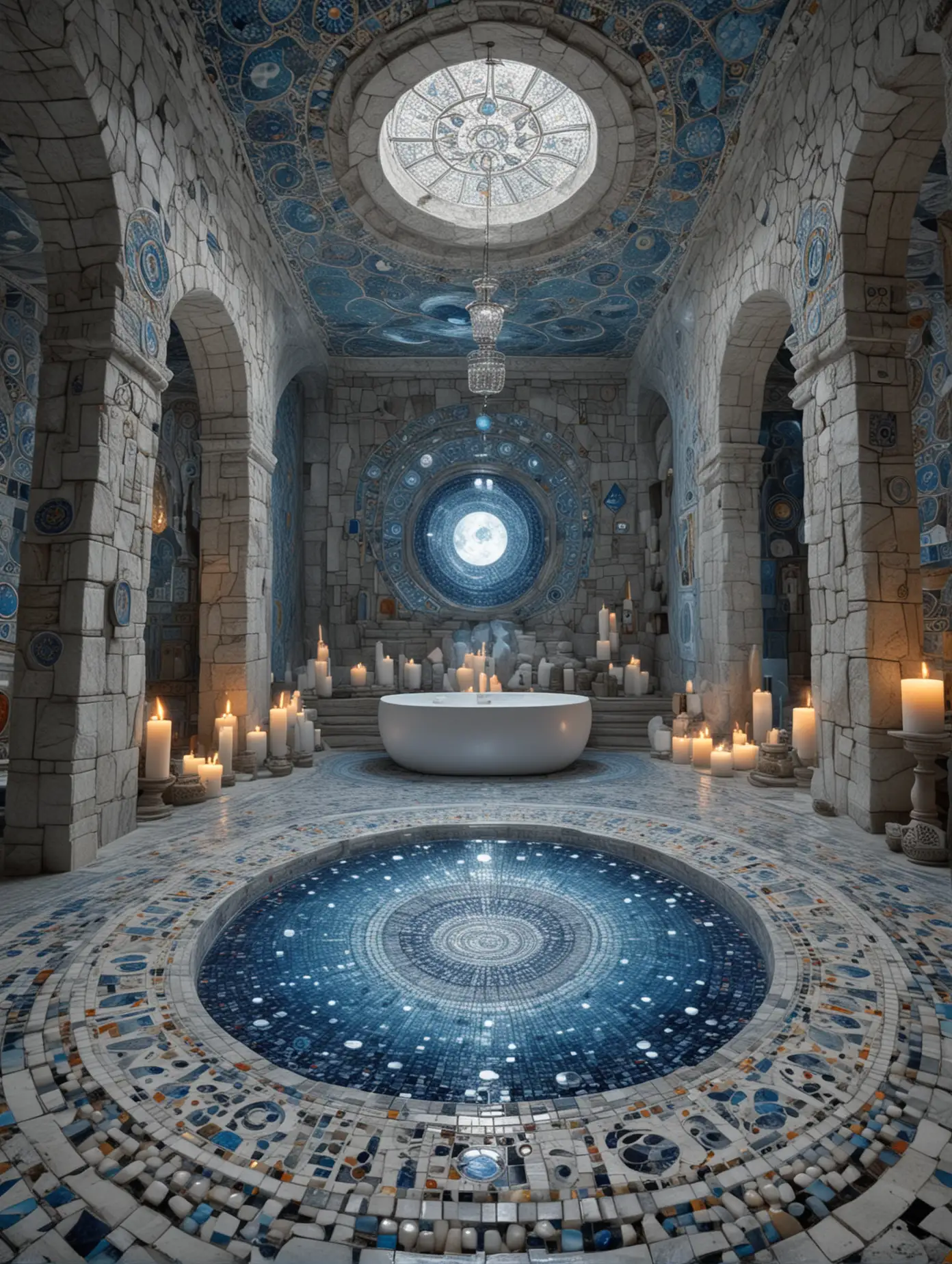Inside a very detailed white stone nordic spa and pool, distillation instruments in glass, a mosaic floor with blue and colorful fractal patterns, carved walls in white stone with blue and dark alchemical symbols, lit candles, colorful mandala carpets on the floor, a very detailed moon goddess sculpture, clear,dark nordic atmosphere, highly detailed,high precision,focus on textures, hyperrealistic,bright