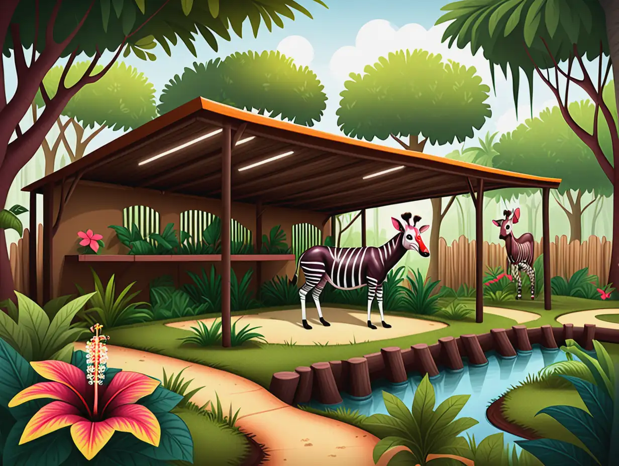 cartoon vibrant and detailed okapi zoo enclosure for a children's book. The scene should include lush, dense vegetation with tall trees, bushes, and underbrush. Add brightly hibiscus.  Ensure the enclosure has shaded areas, natural hiding spots, and a small pond. Incorporate enrichment items like logs and branches for chewing and rubbing, and toys like balls or puzzle feeders. Design covered shelters or artificial structures for hiding.